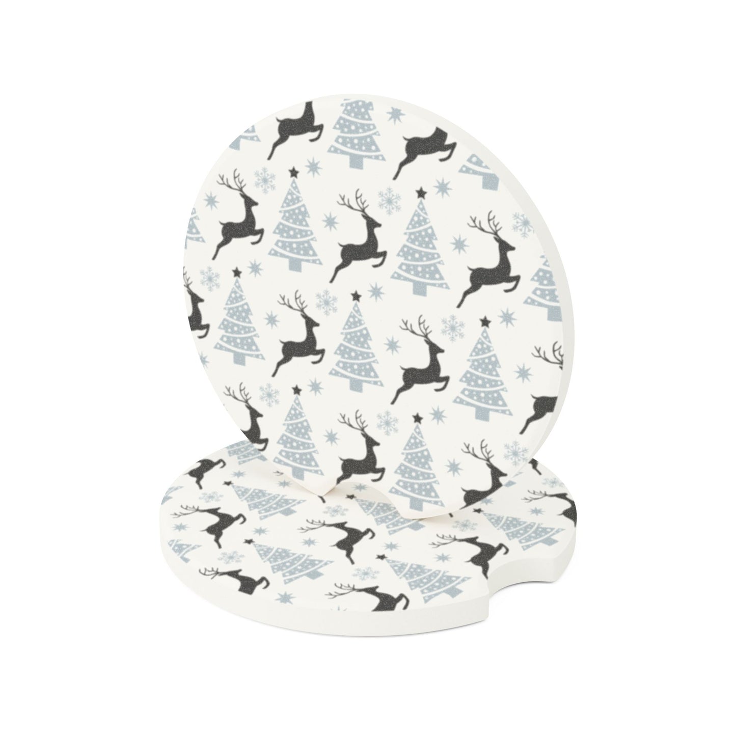 Christmas Car Coaster, Holiday Trees and Reindeer Soapstone Cup Holder Insert, Festive Auto Accessory, Seasonal Vehicle Decor