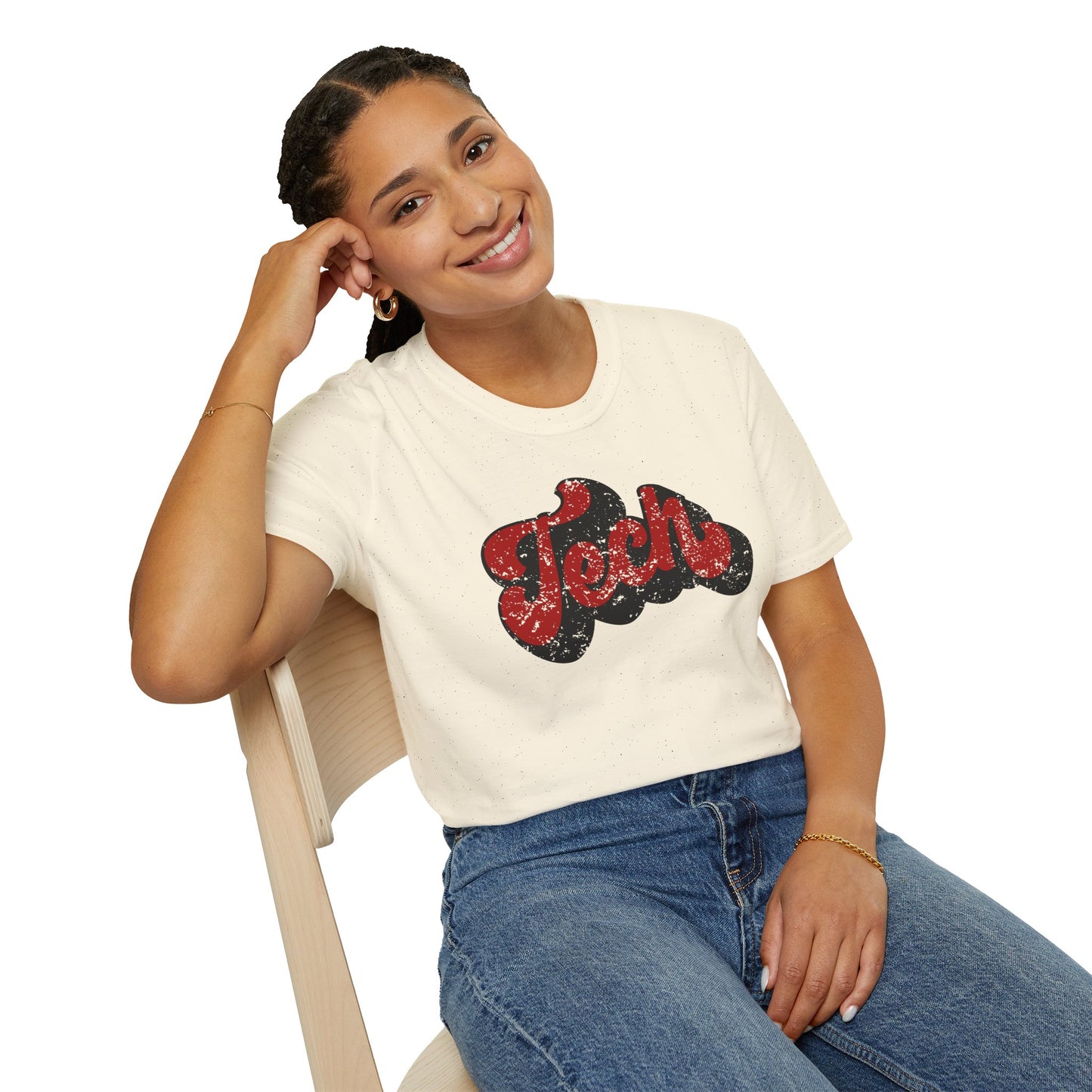 Retro “Tech” Distressed Script T-Shirt | Red & Black Groovy College Tee | Cute Game Day Shirt | Unisex Comfort Tee