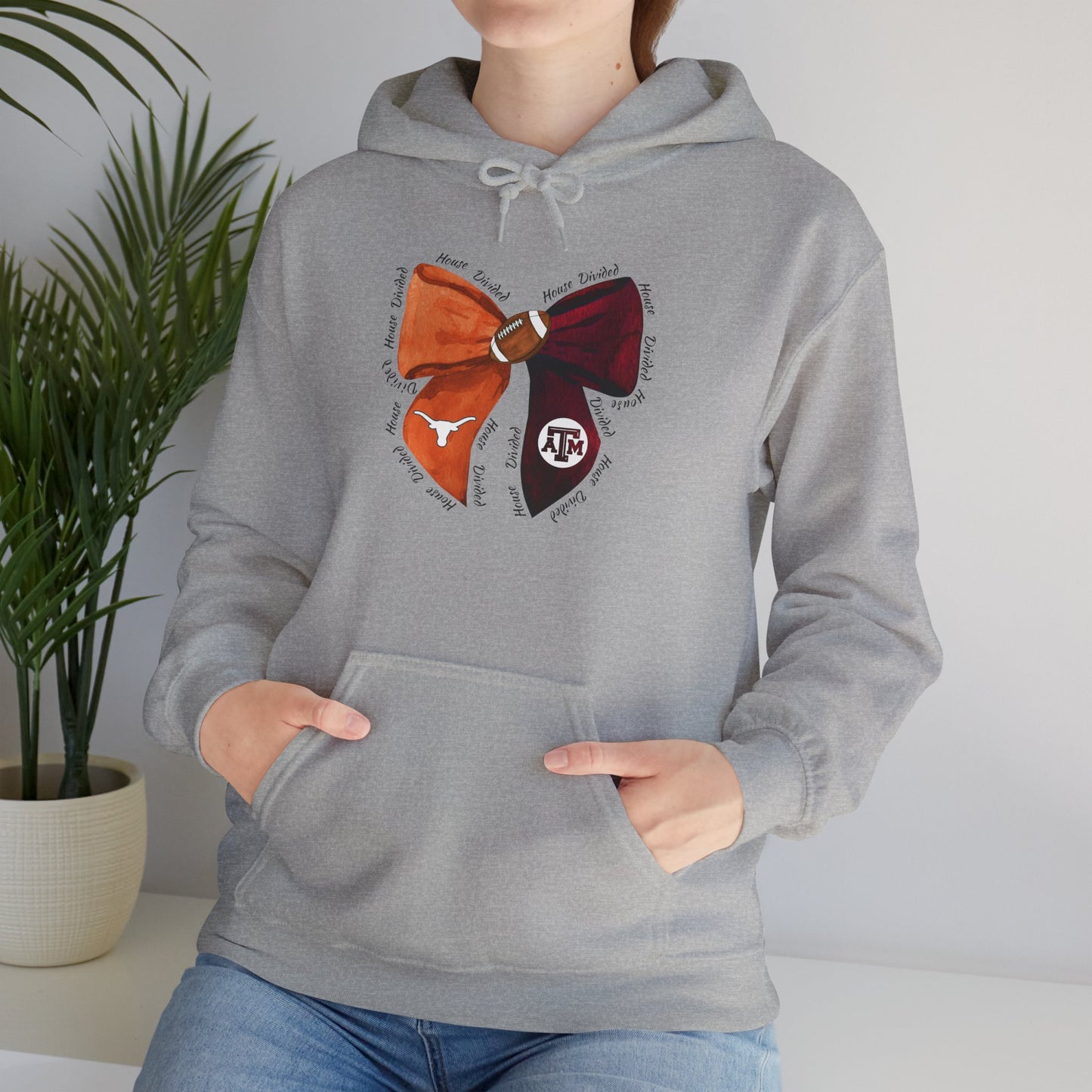 House Divided Aggies and Longhorns Spirit Bow Hoodie | Unisex Heavy Blend™ Sweatshirt, College Apparel, Game Day Outfit