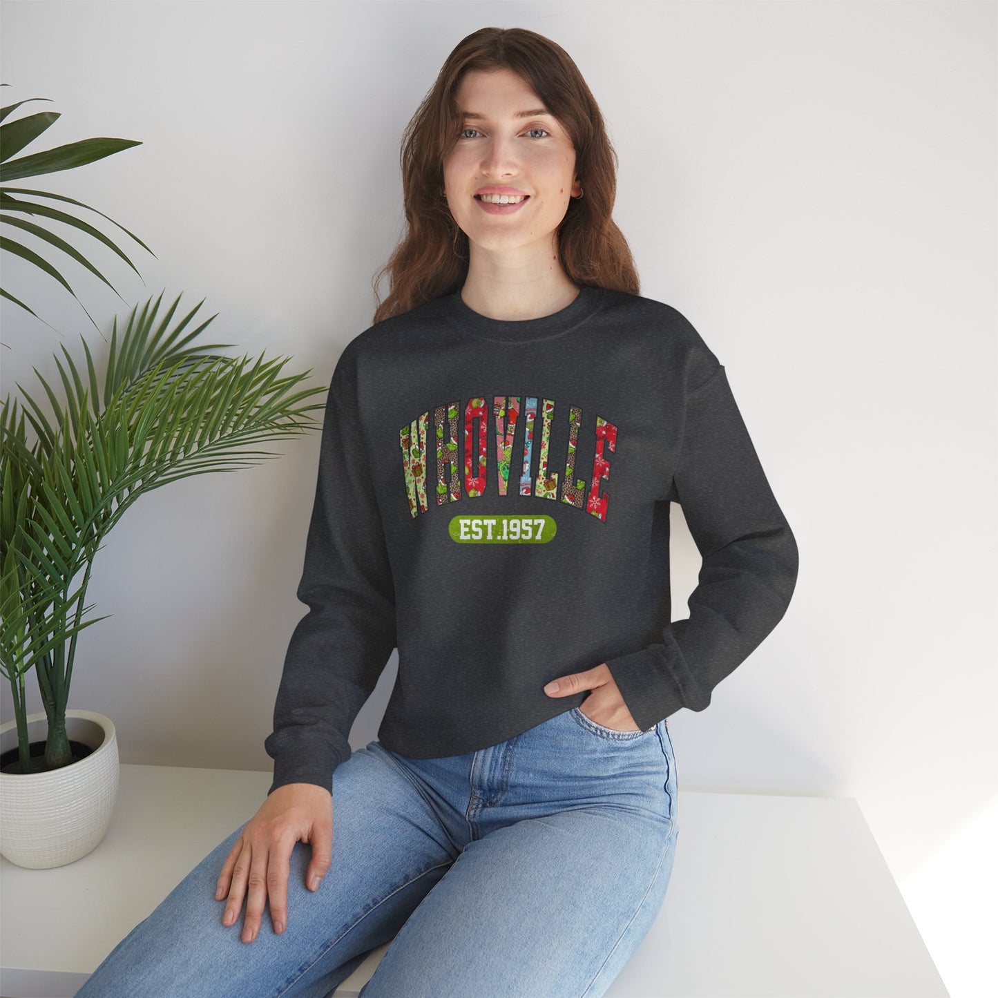 Whoville EST.1957 Holiday Crewneck Sweatshirt, Holiday Sweatshirt, Funny Winter Gear