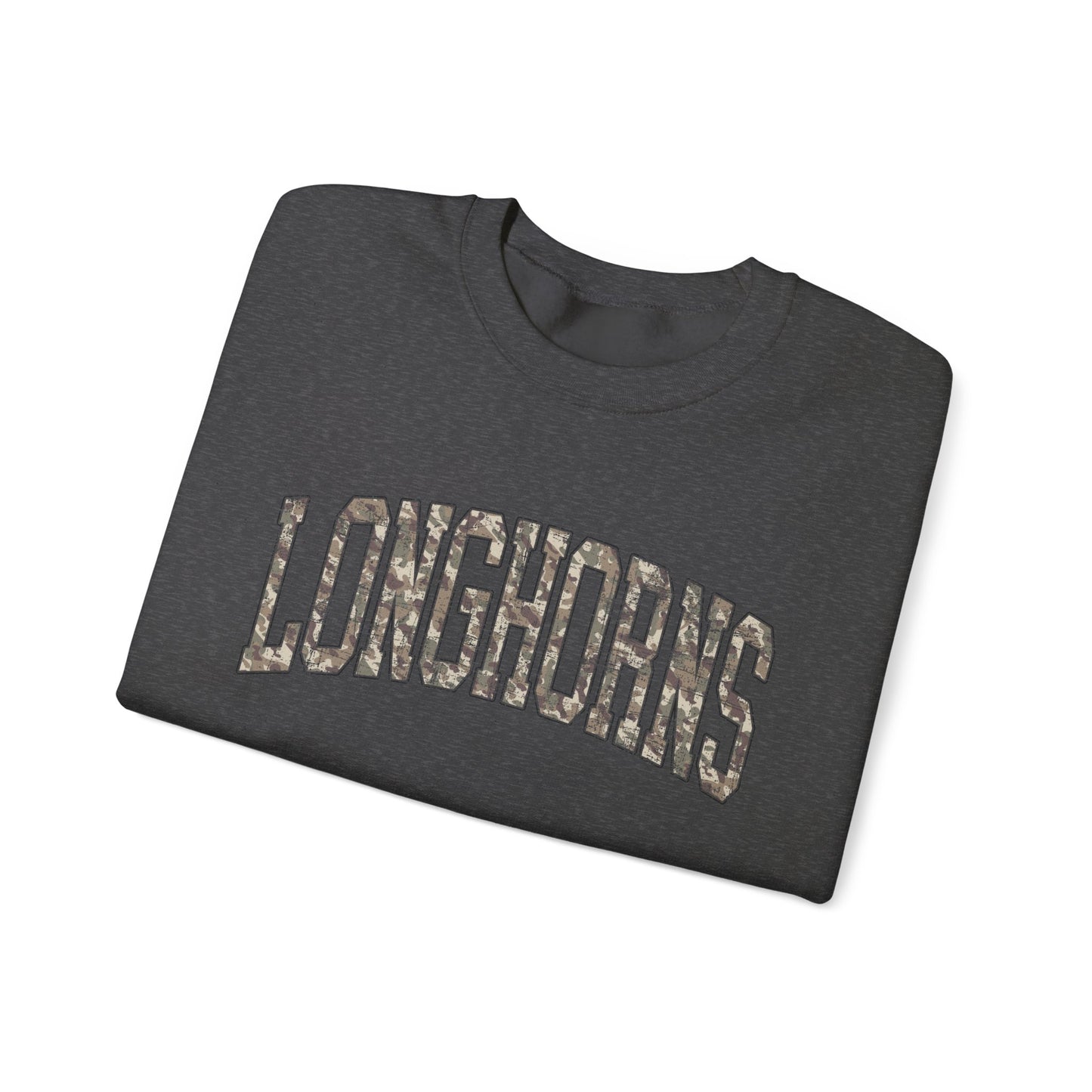 Longhorns Camo Crewneck Sweatshirt | Distressed Hunting Style | Game Day Apparel
