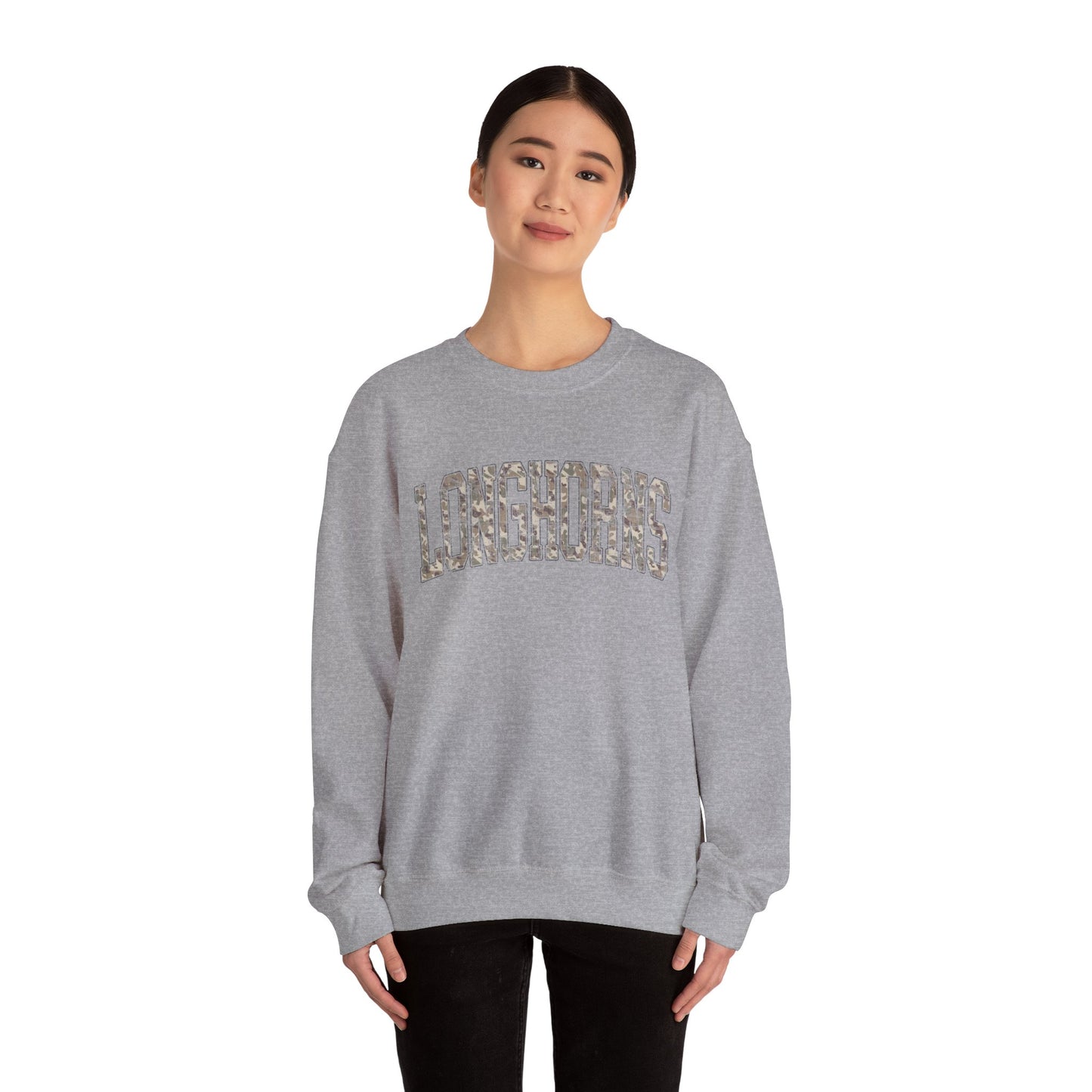 Longhorns Camo Crewneck Sweatshirt | Distressed Hunting Style | Game Day Apparel