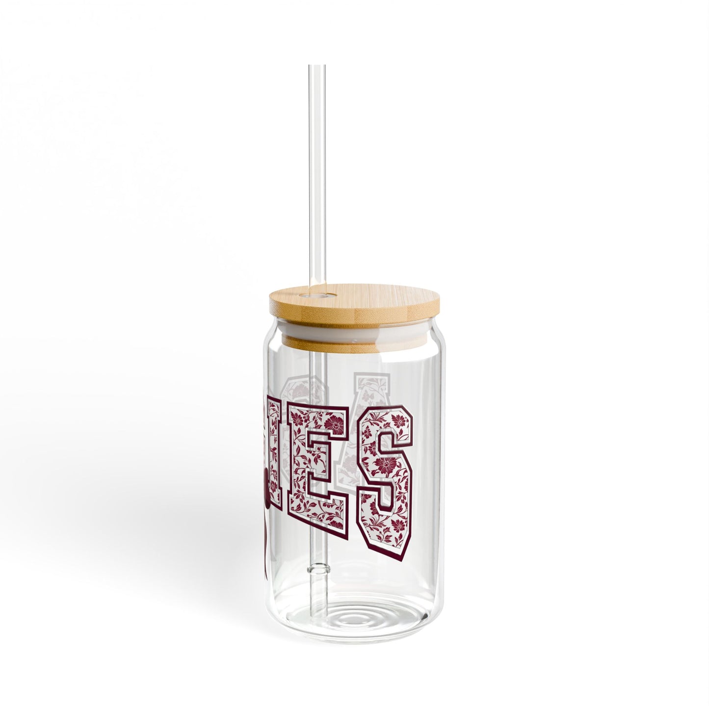 Aggies Floral Script Can Glass with Maroon Bow – 16oz Glass Cup