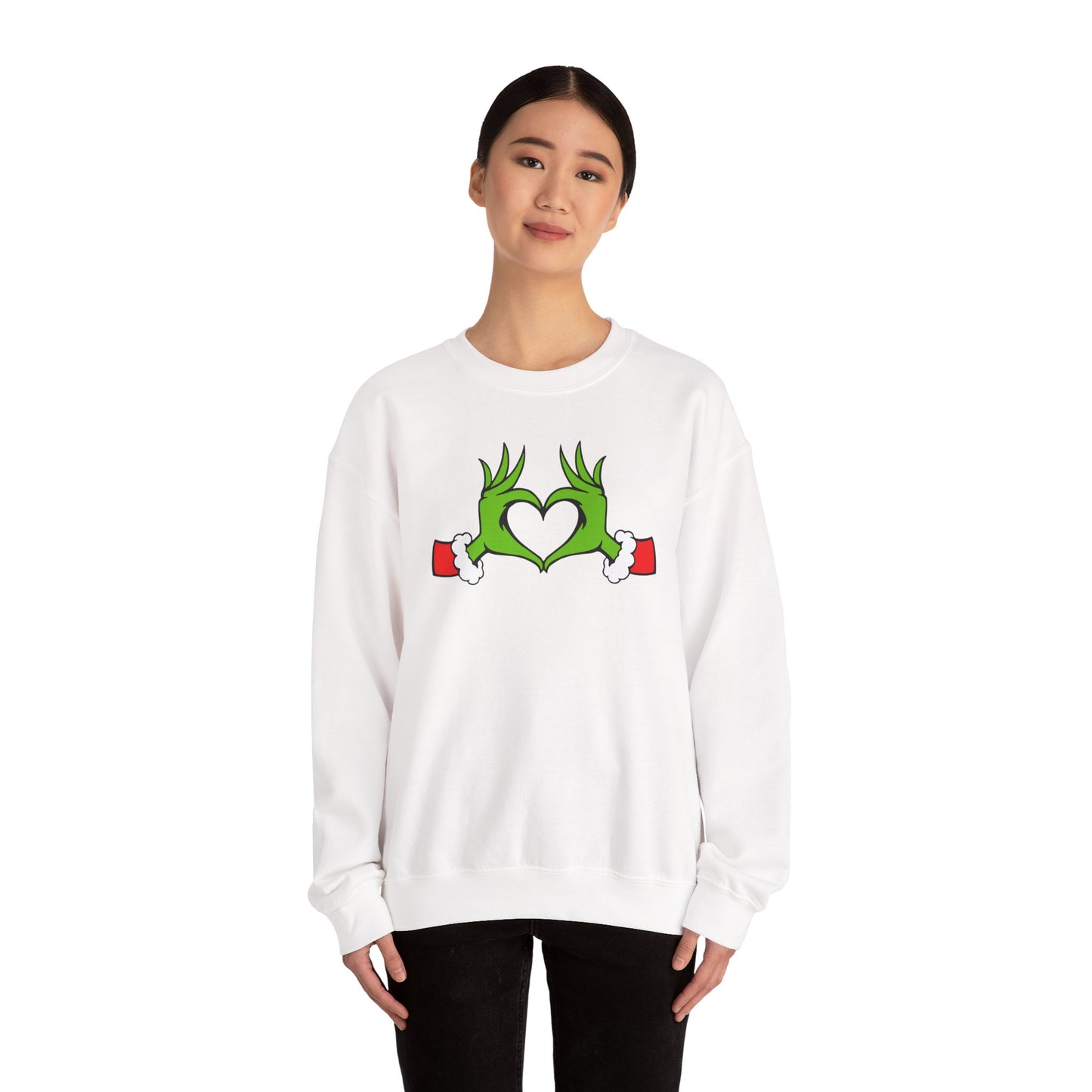 Mean One Sweatshirt, Whoville Holiday Clothing, Funny Xmas Apparel, Comfy Fleece, Whimsical Green Hands Heart Christmas Sweatshirt