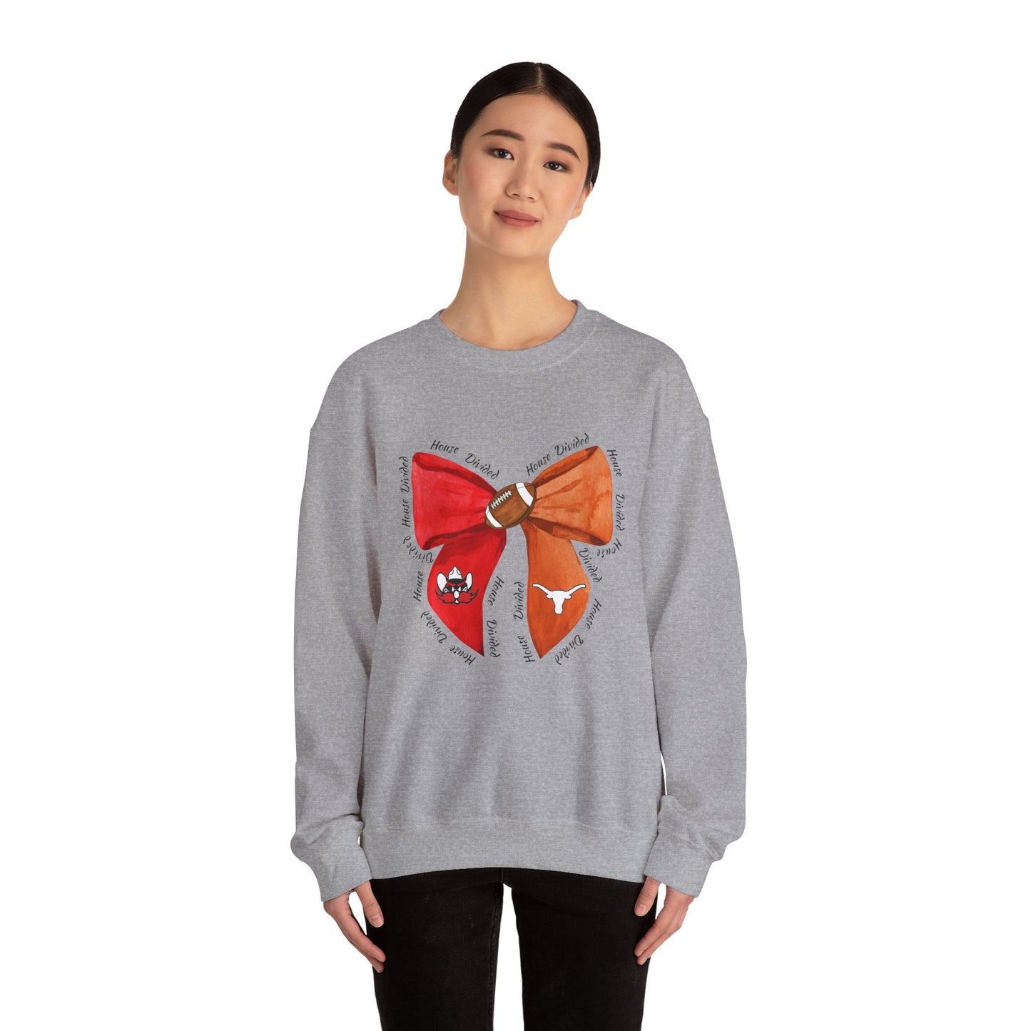 House Divided Bow Sweatshirt | Texas Rivalry Crewneck | Cute Game Day College Sweater | Red & Burnt Orange Bow