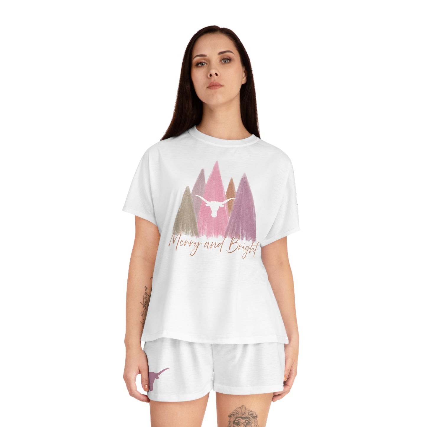 Texas Longhorns pastel Christmas pajama set with shorts, Merry and Bright, Holiday Sleepwear, University of Texas, Longhorns, Gift for Her