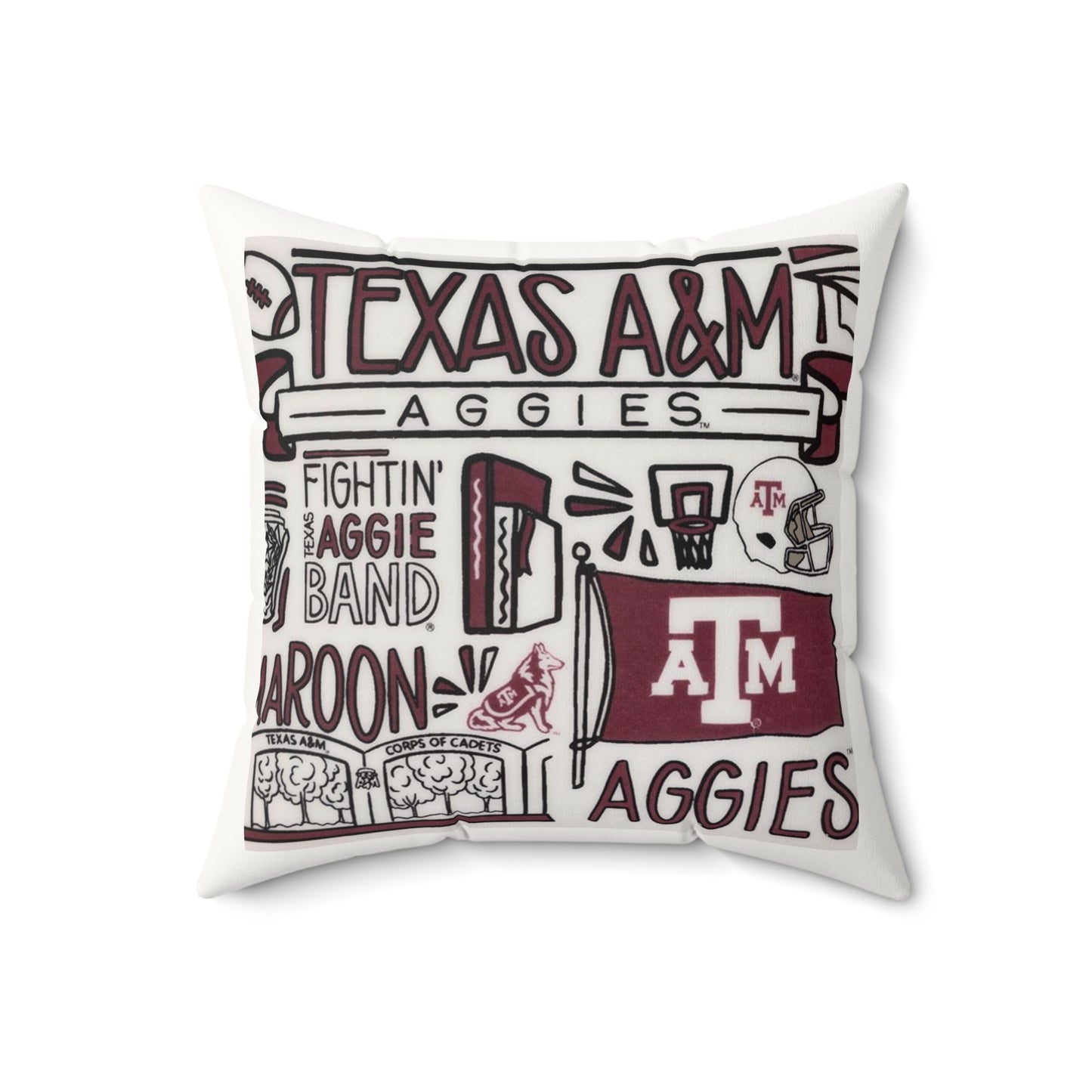 Aggies Illustrated Faux Suede Pillow | Texas Doodle Art Throw Pillow | College Spirit Home Décor | Dorm Accessory