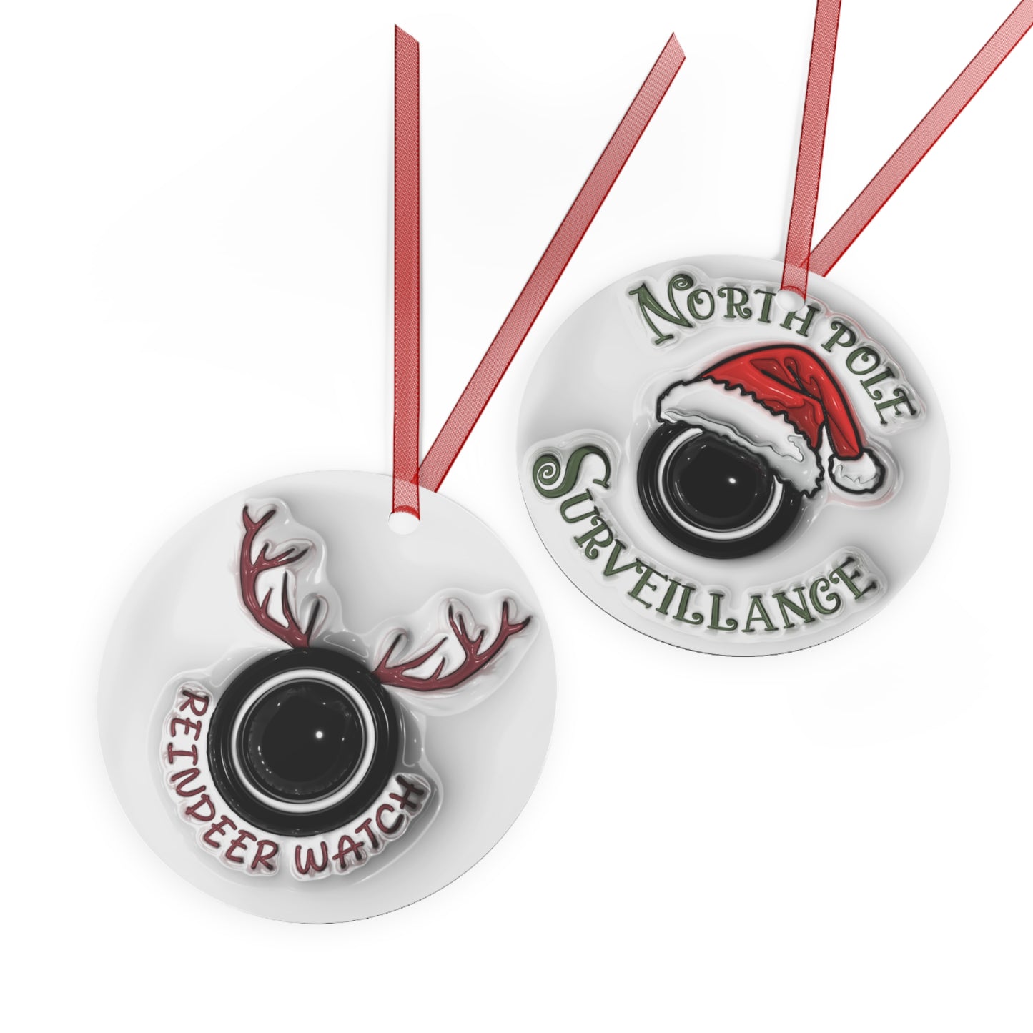 North Pole Surveillance & Reindeer Watch Metal Ornaments Christmas Decor, Holiday Tree Decoration, Ornament Set, Festive Home