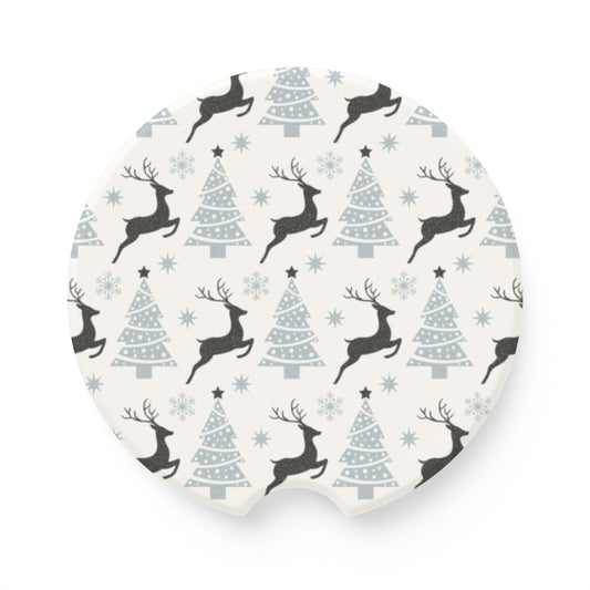 Christmas Car Coaster, Holiday Trees and Reindeer Soapstone Cup Holder Insert, Festive Auto Accessory, Seasonal Vehicle Decor