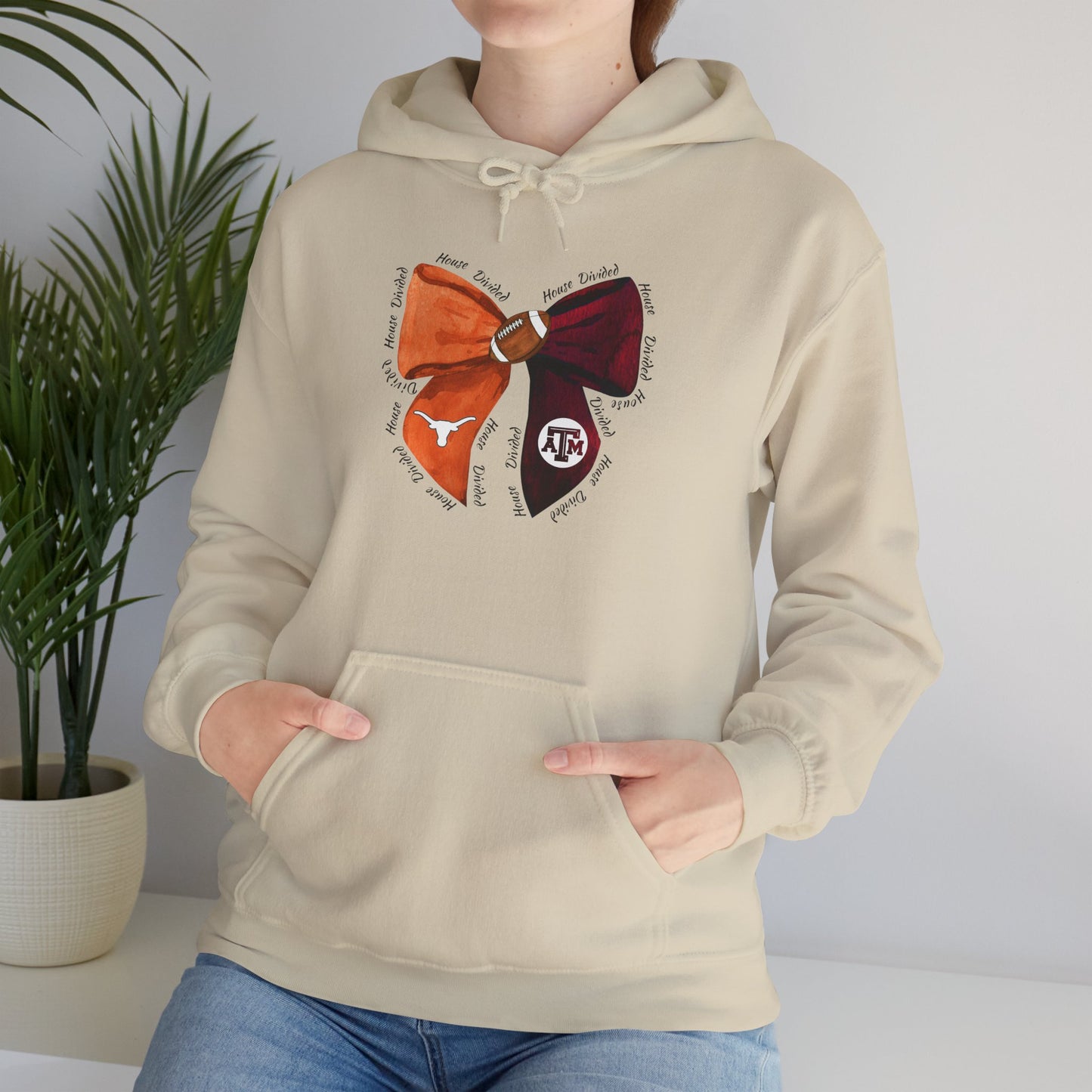 House Divided Aggies and Longhorns Spirit Bow Hoodie | Unisex Heavy Blend™ Sweatshirt, College Apparel, Game Day Outfit