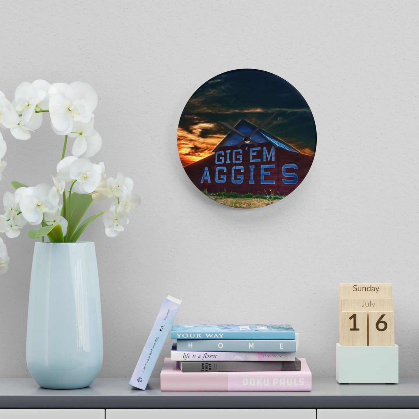 Aggie Barn Sunset Wall Clock | Acrylic Farmhouse Clock | Texas Sunset Décor | Gift for Aggie Fans, Dorm Decor
