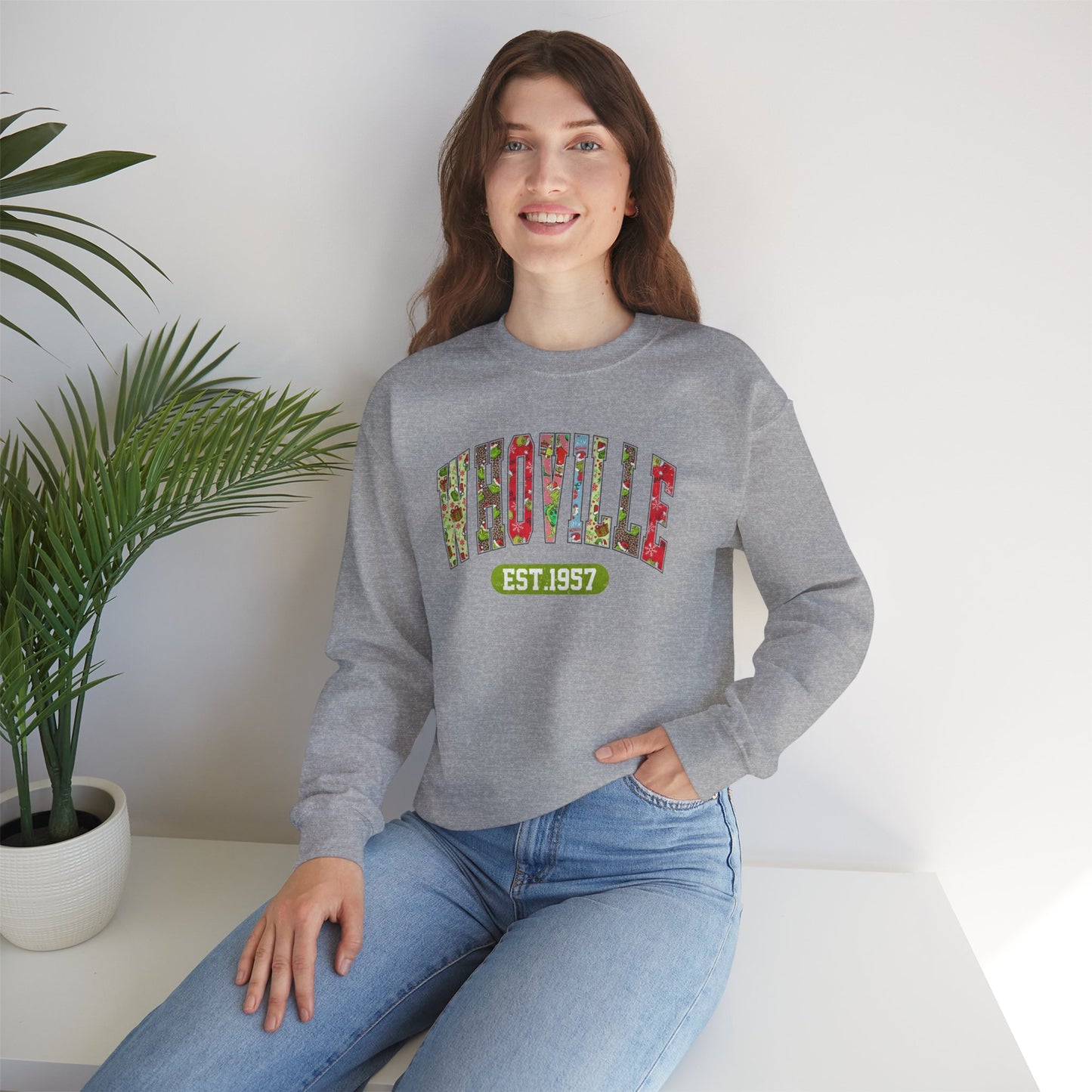 Whoville EST.1957 Holiday Crewneck Sweatshirt, Holiday Sweatshirt, Funny Winter Gear