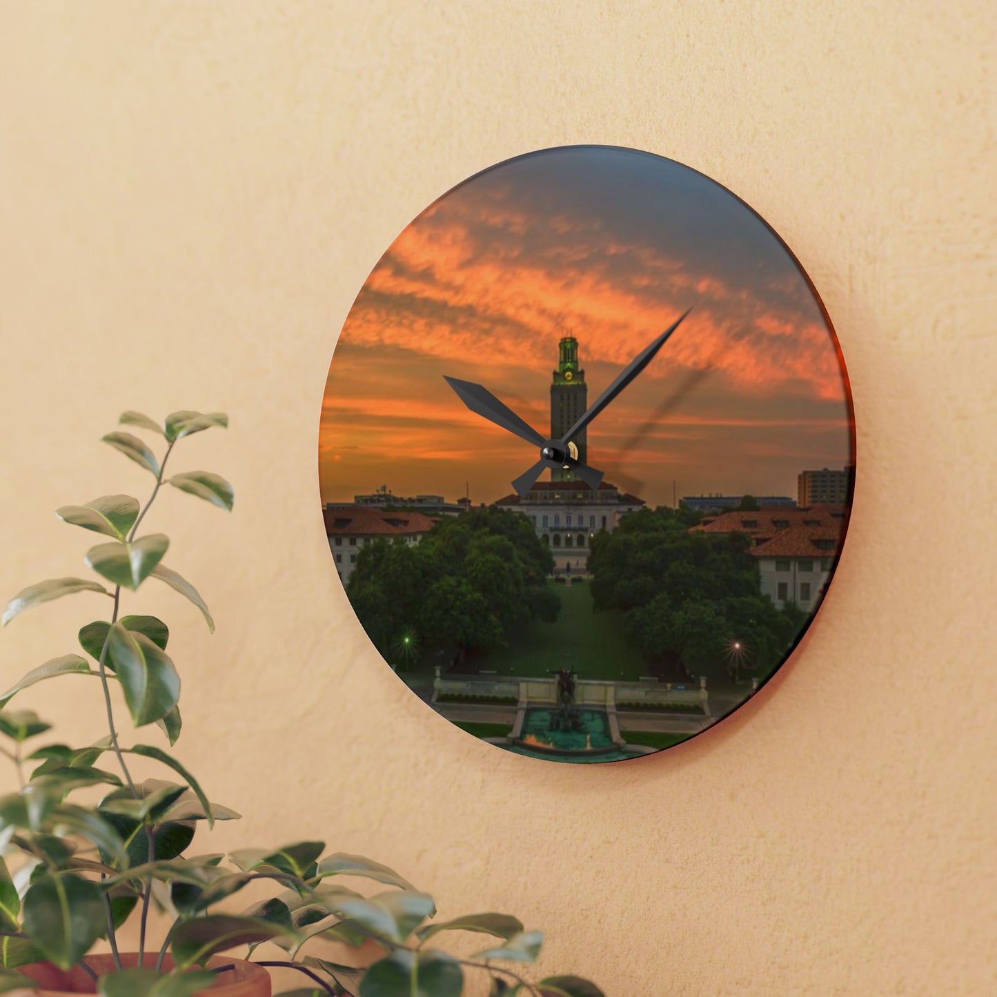 University of Texas Acrylic Wall Clock | Tower & Horse Fountain | Hook Em Horns Home Accent, University of Texas Dorm Décor
