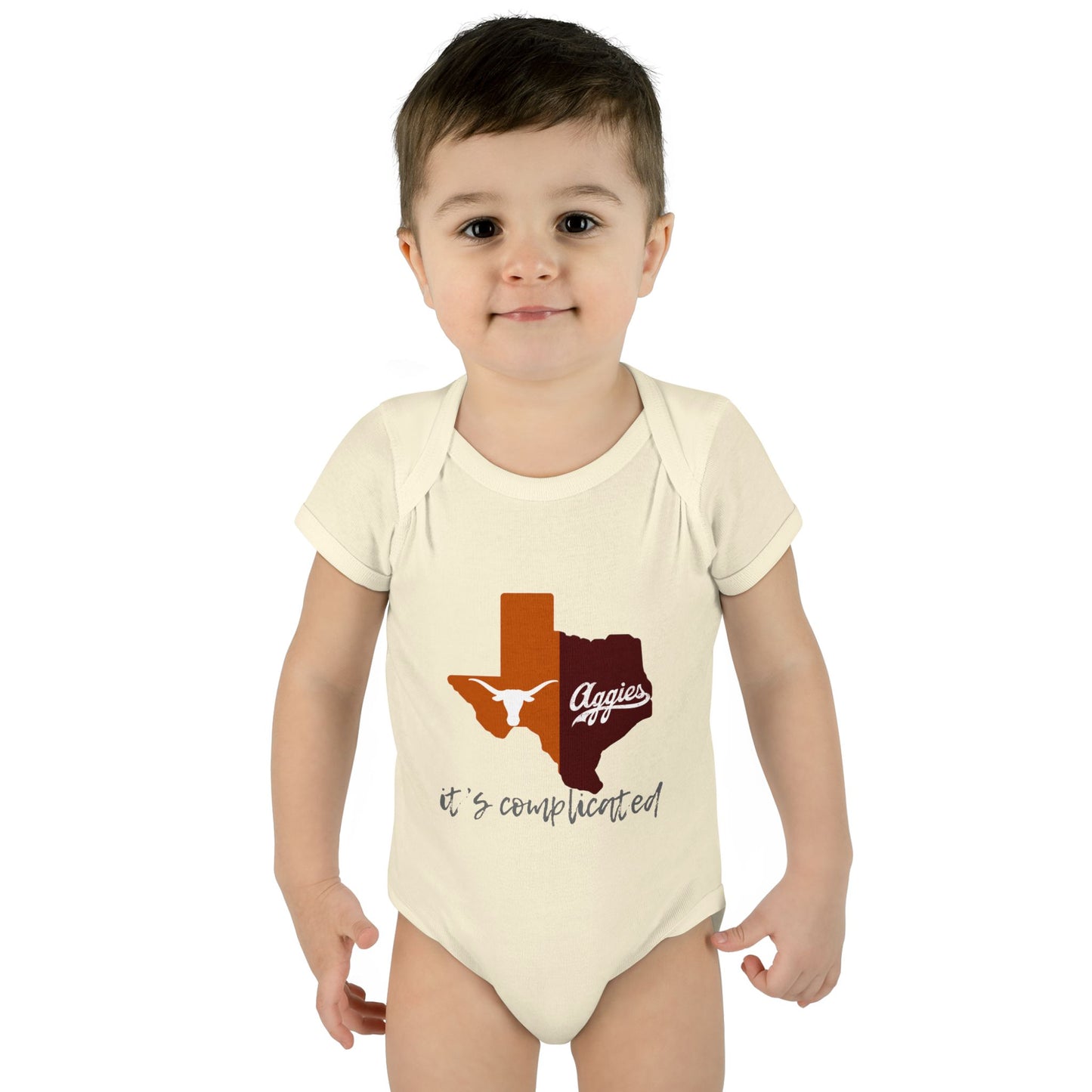 “It’s Complicated” Longhorns vs Aggies Baby Bodysuit – House Divided Infant One-Piece