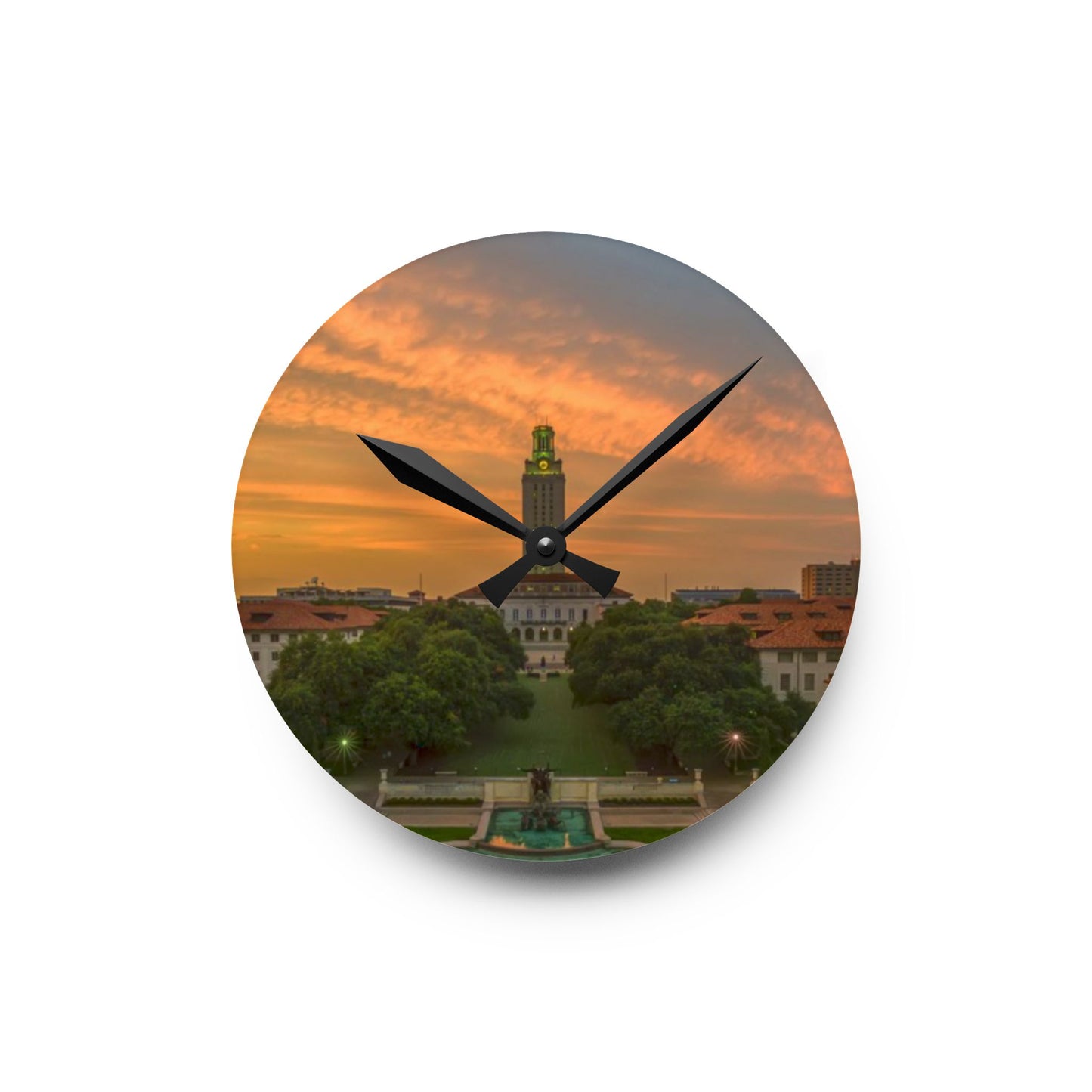 University of Texas Acrylic Wall Clock | Tower & Horse Fountain | Hook Em Horns Home Accent, University of Texas Dorm Décor