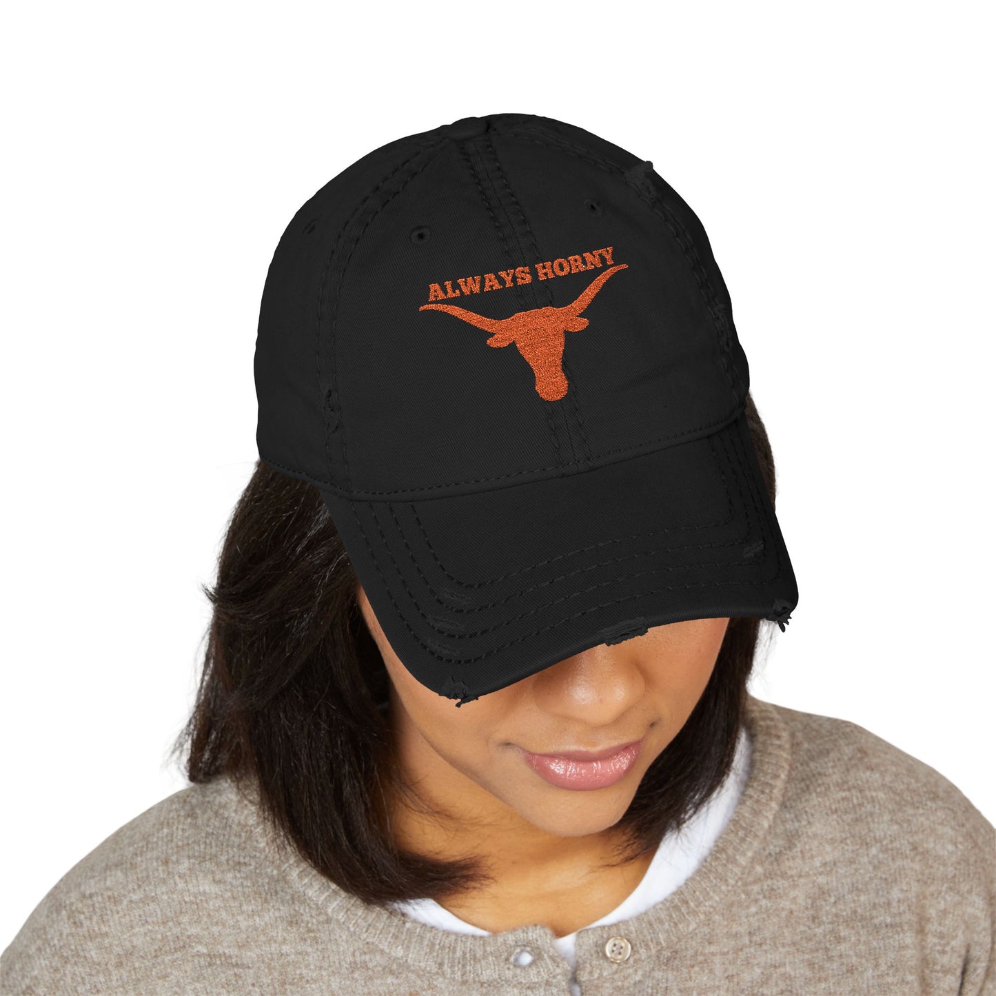 Always Horny Distressed Hat, Funny Hat Gift, Embroidered Cap, Outdoor Accessories, University of Texas Cap, UT Hat, Texas Longorn Hat