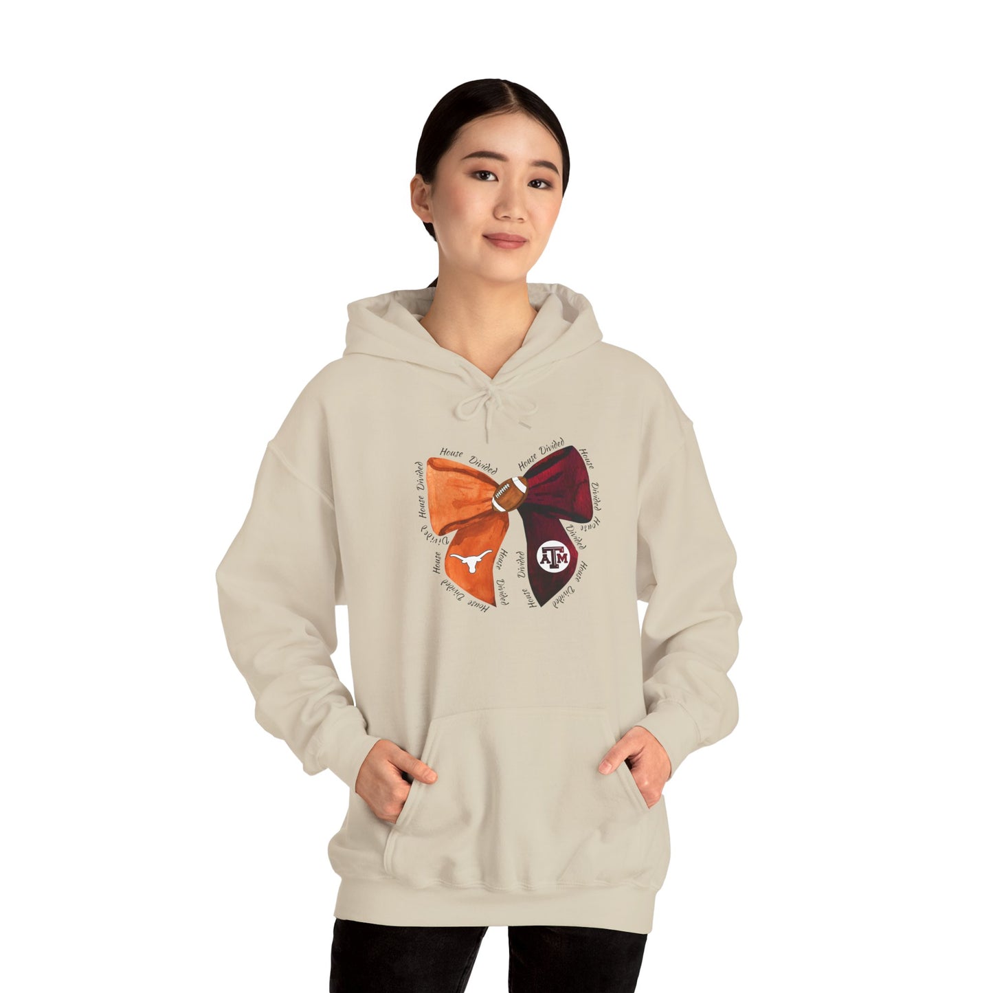 House Divided Aggies and Longhorns Spirit Bow Hoodie | Unisex Heavy Blend™ Sweatshirt, College Apparel, Game Day Outfit