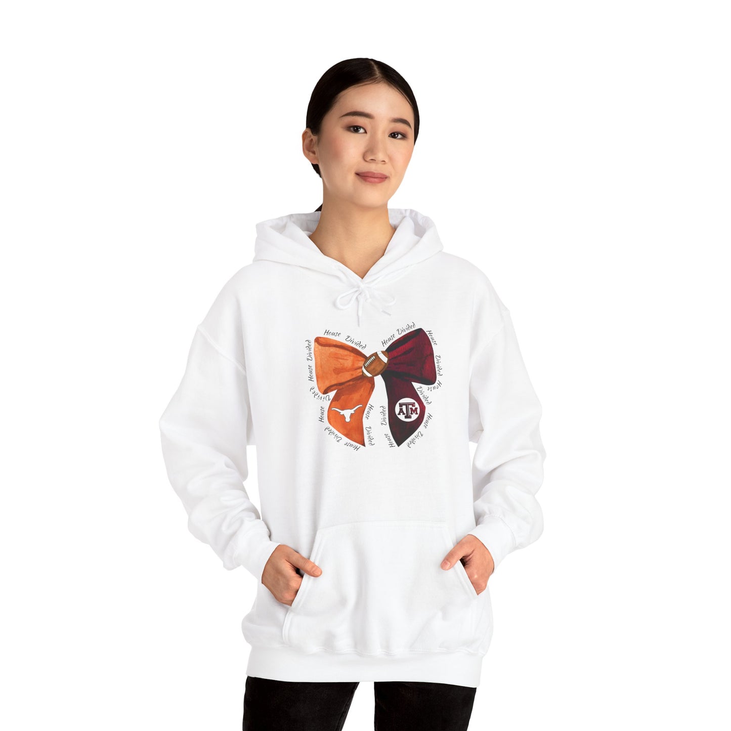 House Divided Aggies and Longhorns Spirit Bow Hoodie | Unisex Heavy Blend™ Sweatshirt, College Apparel, Game Day Outfit
