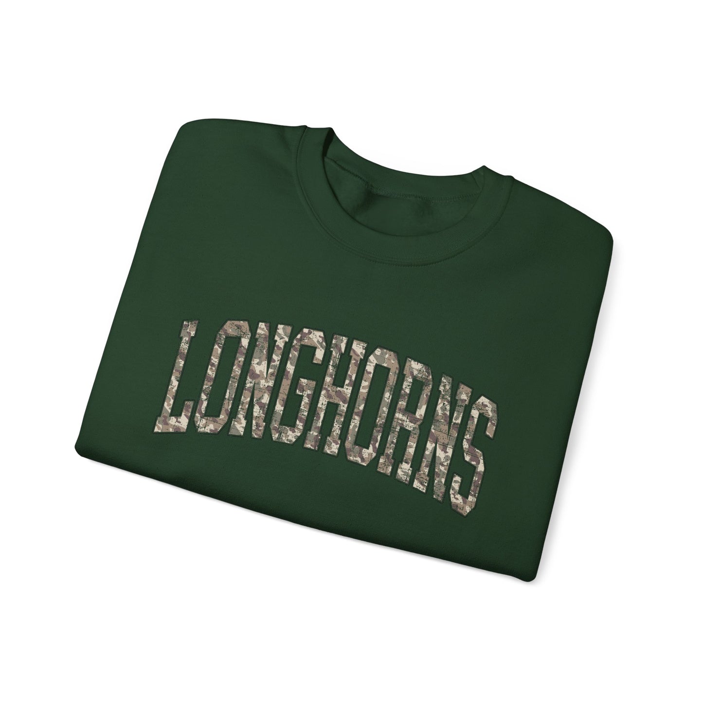 Longhorns Camo Crewneck Sweatshirt | Distressed Hunting Style | Game Day Apparel