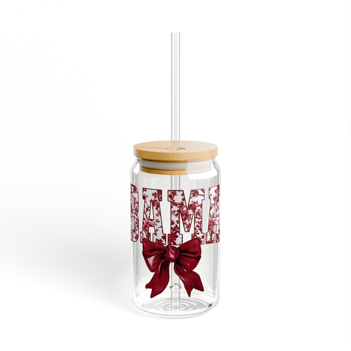 Alabama 16oz Glass with Cute Bow | Glass Tumbler with straw, BAMA Tumbler | Graduation Gift