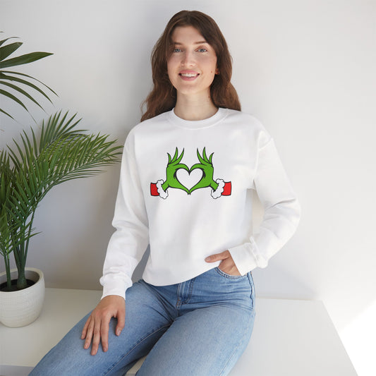 Mean One Sweatshirt, Whoville Holiday Clothing, Funny Xmas Apparel, Comfy Fleece, Whimsical Green Hands Heart Christmas Sweatshirt