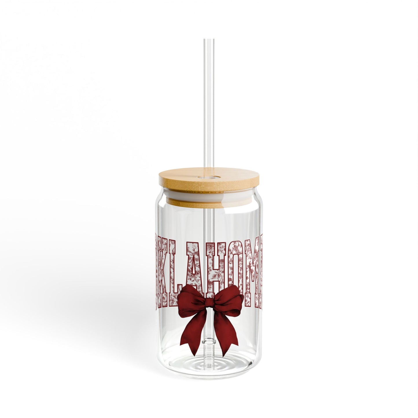Oklahoma Sooners 16oz Glass with Cute Bow Design | Glass Tumbler with straw, Sooners Tumbler, Oklahoma University Glass Tumbler