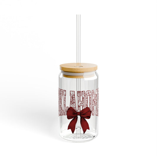 Oklahoma Sooners 16oz Glass with Cute Bow Design | Glass Tumbler with straw, Sooners Tumbler, Oklahoma University Glass Tumbler