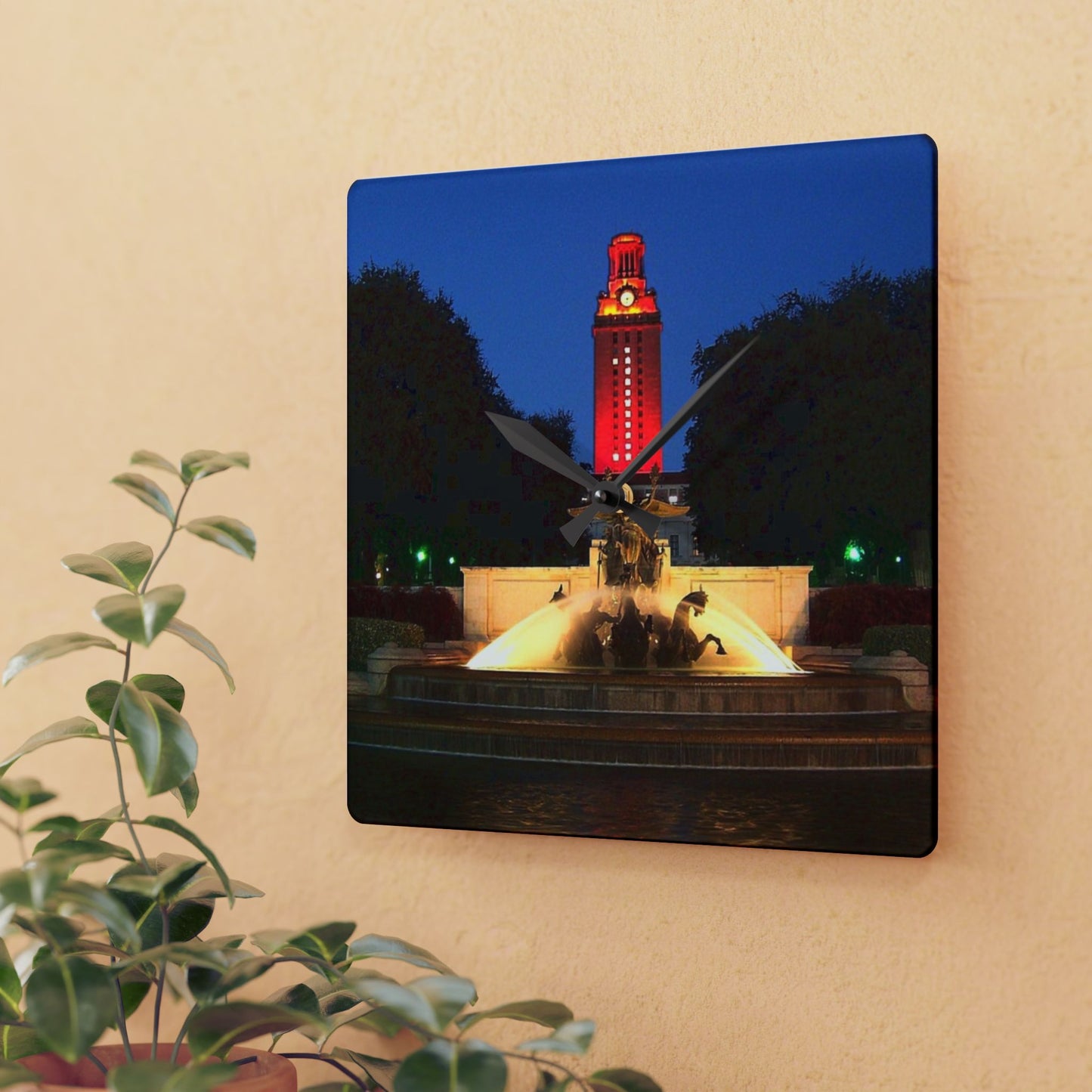 University of Texas Acrylic Wall Clock | Burnt Orange Tower & Horse Fountain | Hook Em Horns Home Accent, University of Texas Dorm Décor