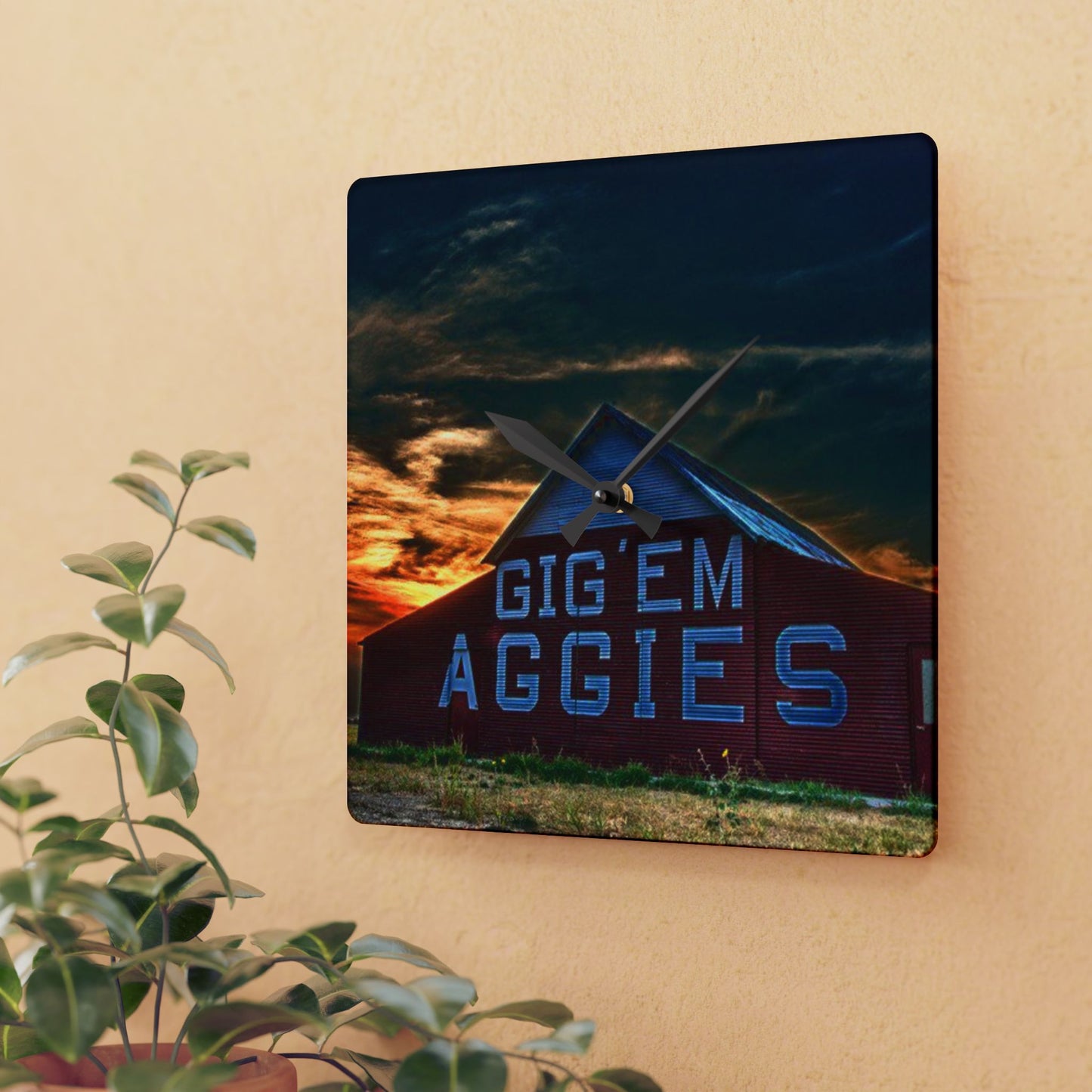 Aggie Barn Sunset Wall Clock | Acrylic Farmhouse Clock | Texas Sunset Décor | Gift for Aggie Fans, Dorm Decor
