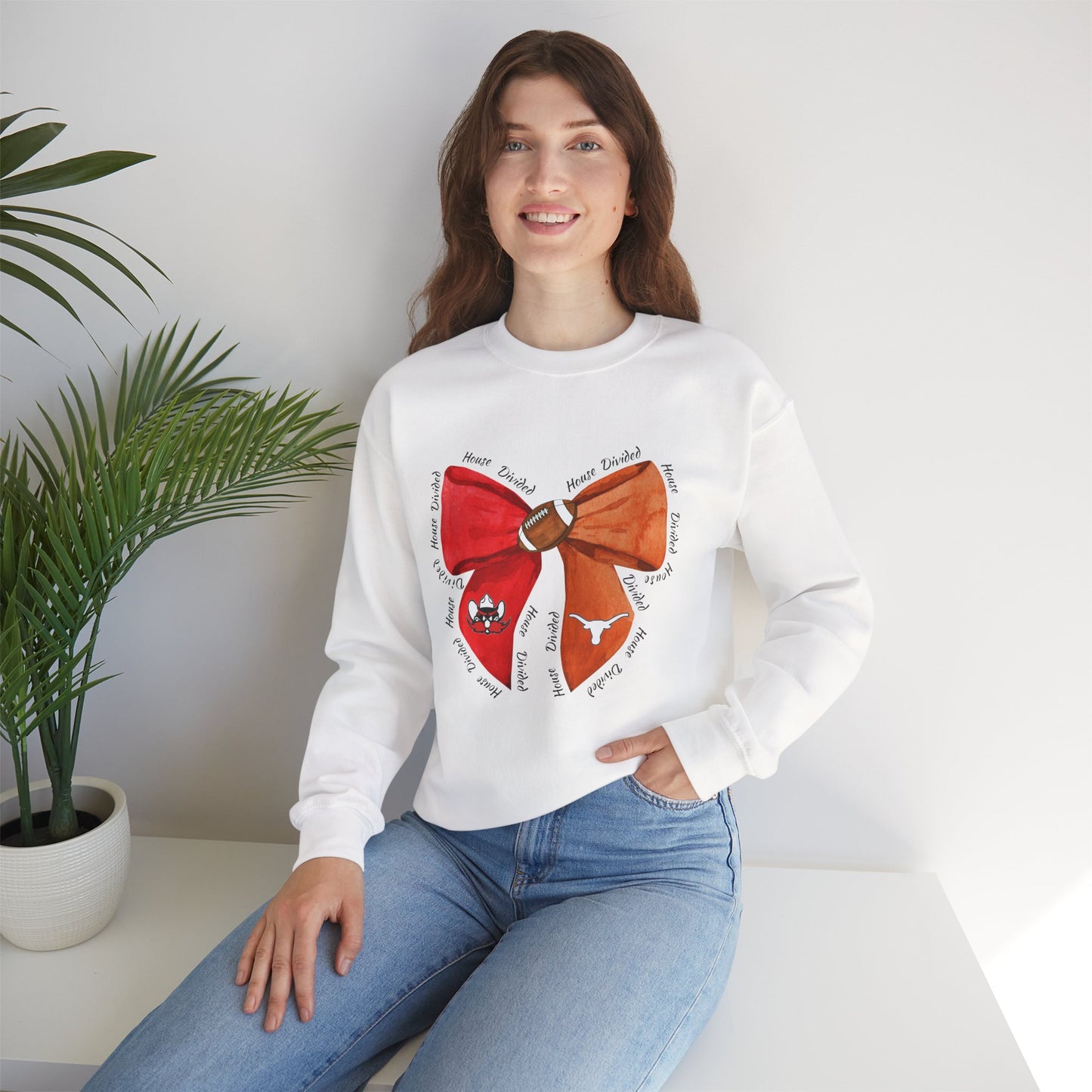 House Divided Bow Sweatshirt | Texas Rivalry Crewneck | Cute Game Day College Sweater | Red & Burnt Orange Bow