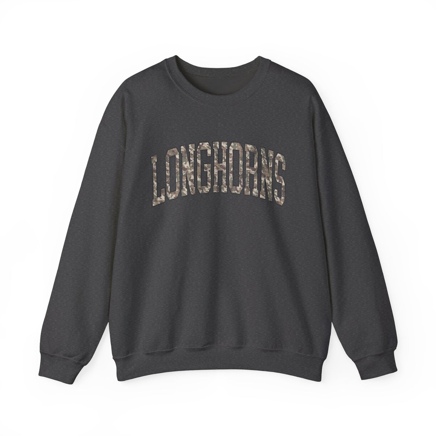 Longhorns Camo Crewneck Sweatshirt | Distressed Hunting Style | Game Day Apparel