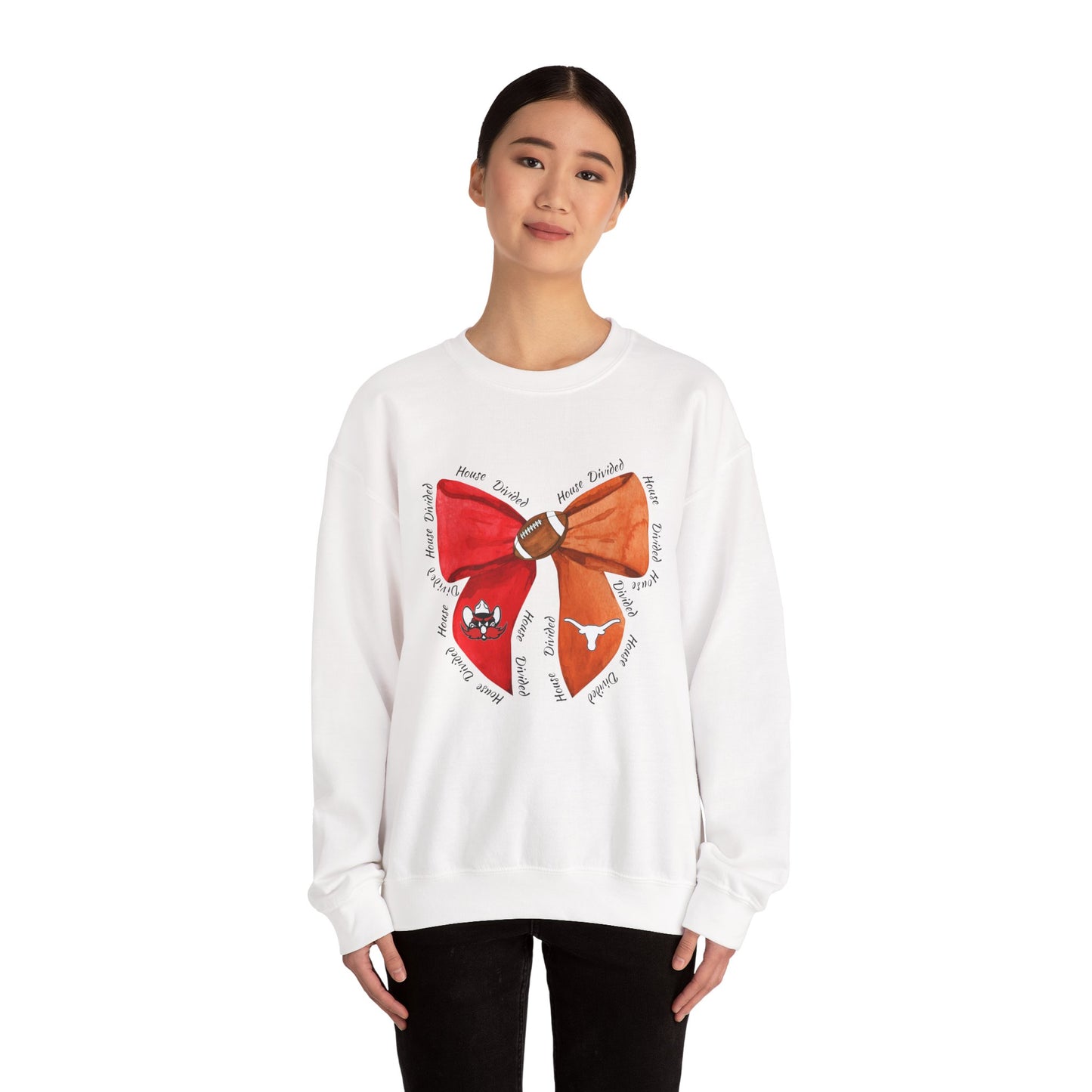 House Divided Bow Sweatshirt | Texas Rivalry Crewneck | Cute Game Day College Sweater | Red & Burnt Orange Bow
