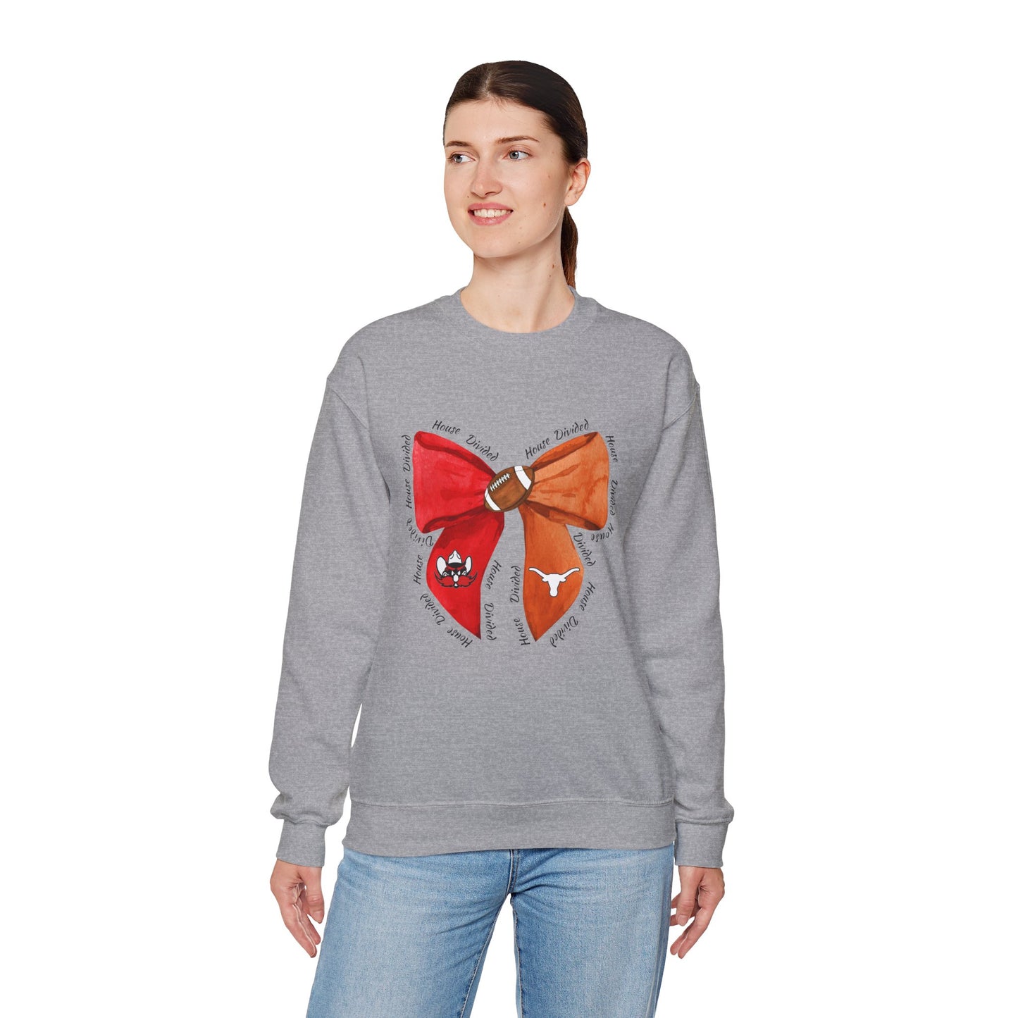 House Divided Bow Sweatshirt | Texas Rivalry Crewneck | Cute Game Day College Sweater | Red & Burnt Orange Bow