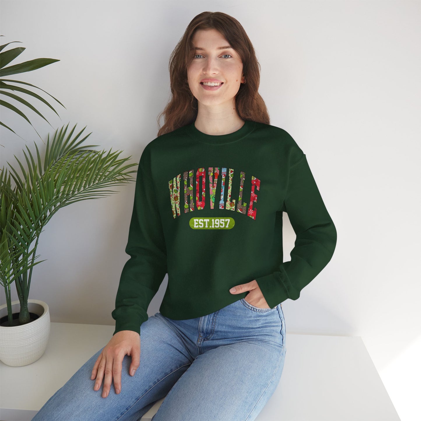 Whoville EST.1957 Holiday Crewneck Sweatshirt, Holiday Sweatshirt, Funny Winter Gear