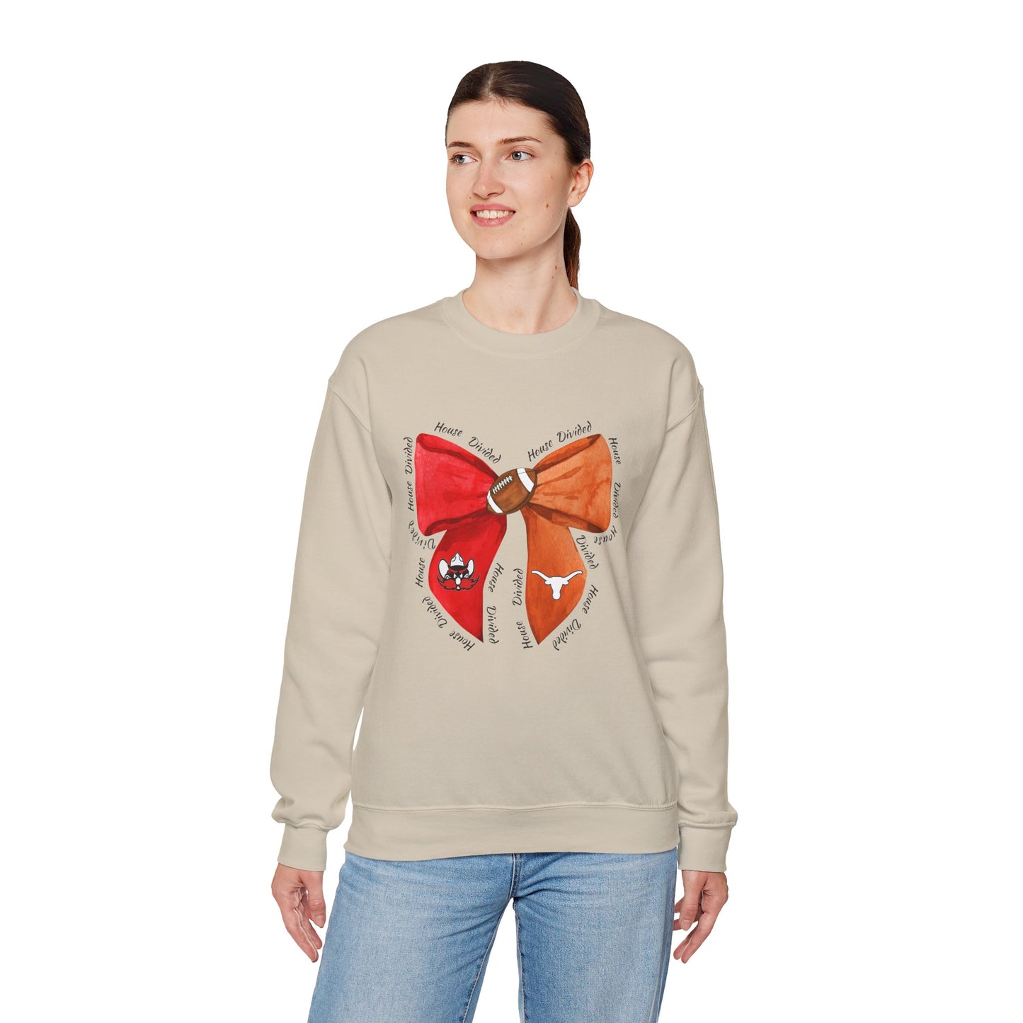 House Divided Bow Sweatshirt | Texas Rivalry Crewneck | Cute Game Day College Sweater | Red & Burnt Orange Bow