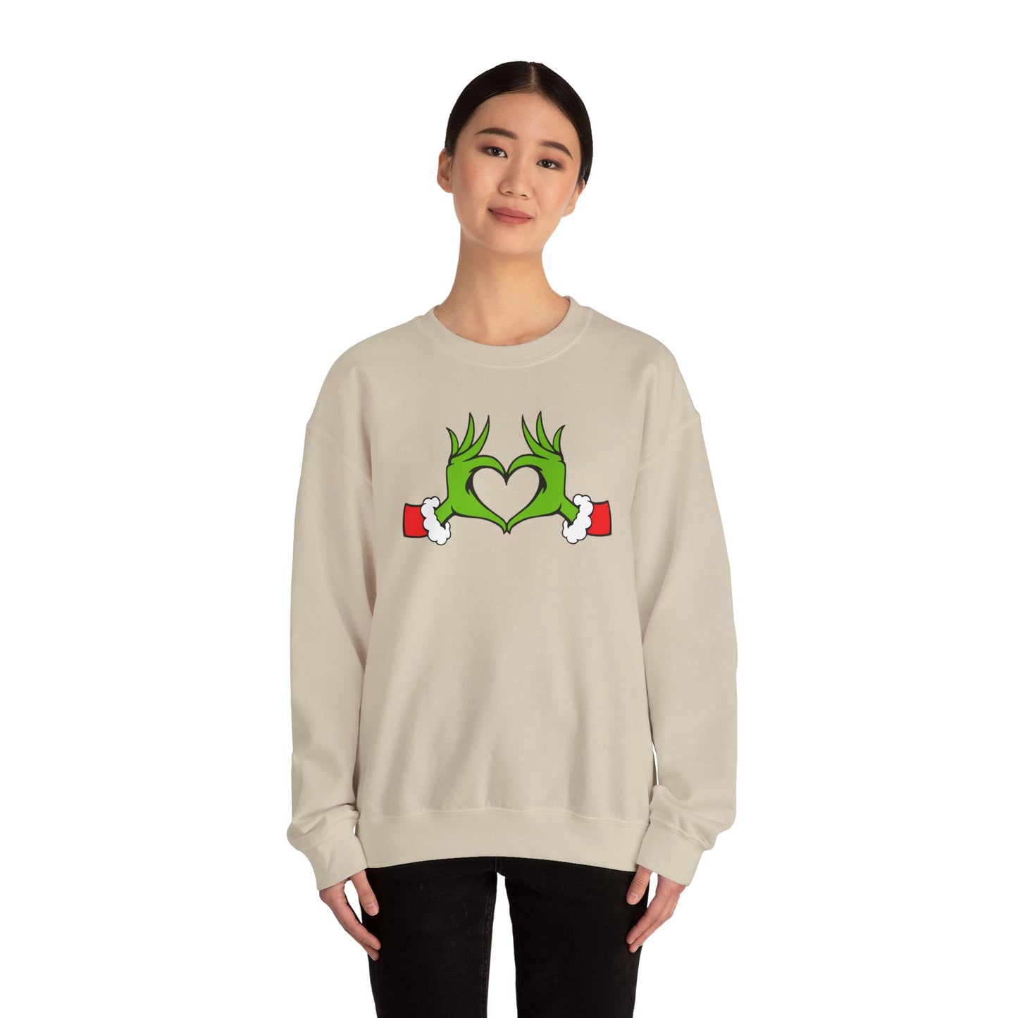 Mean One Sweatshirt, Whoville Holiday Clothing, Funny Xmas Apparel, Comfy Fleece, Whimsical Green Hands Heart Christmas Sweatshirt