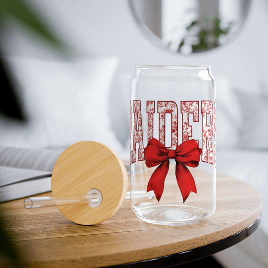Adorable Raiders 16oz Glass with Cute Bow Design | Glass Tumbler with straw, Raiders Glass Tumbler