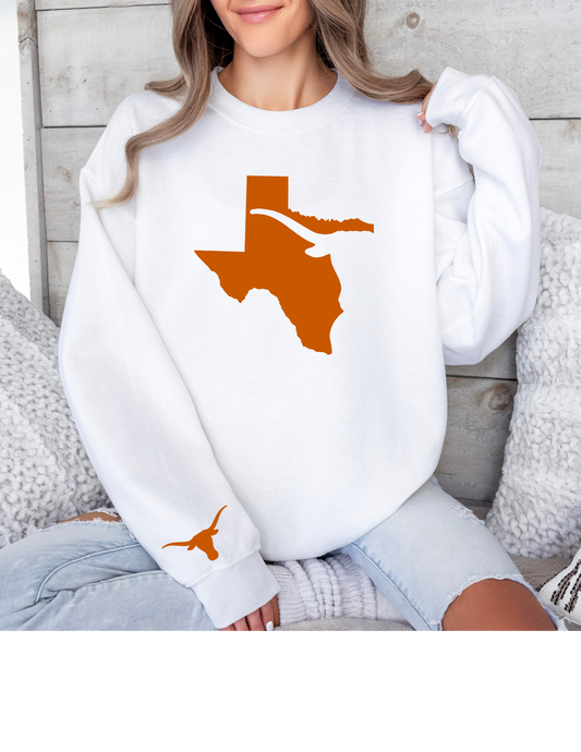 Texas Sweatshirt | Longhorn Sleeve Print, Texas Crewneck | Printed Sleeve Game Day Sweatshirt | Student Gift | Alumni Gear