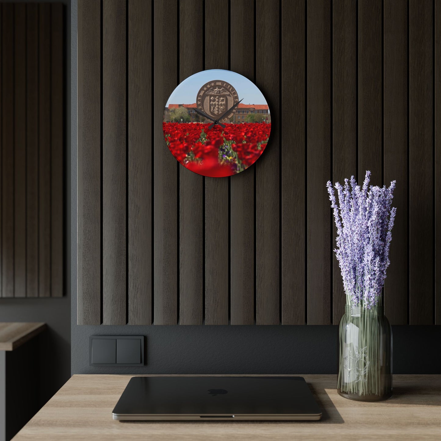 Texas Tech Inspired Floral Field Wall Clock | Acrylic Round or Square Clock | 8” or 10.75” Sizes | Red Poppy Landscape Clock | Dorm & Office Decor