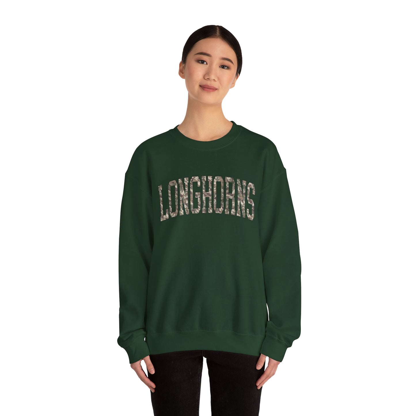 Longhorns Camo Crewneck Sweatshirt | Distressed Hunting Style | Game Day Apparel