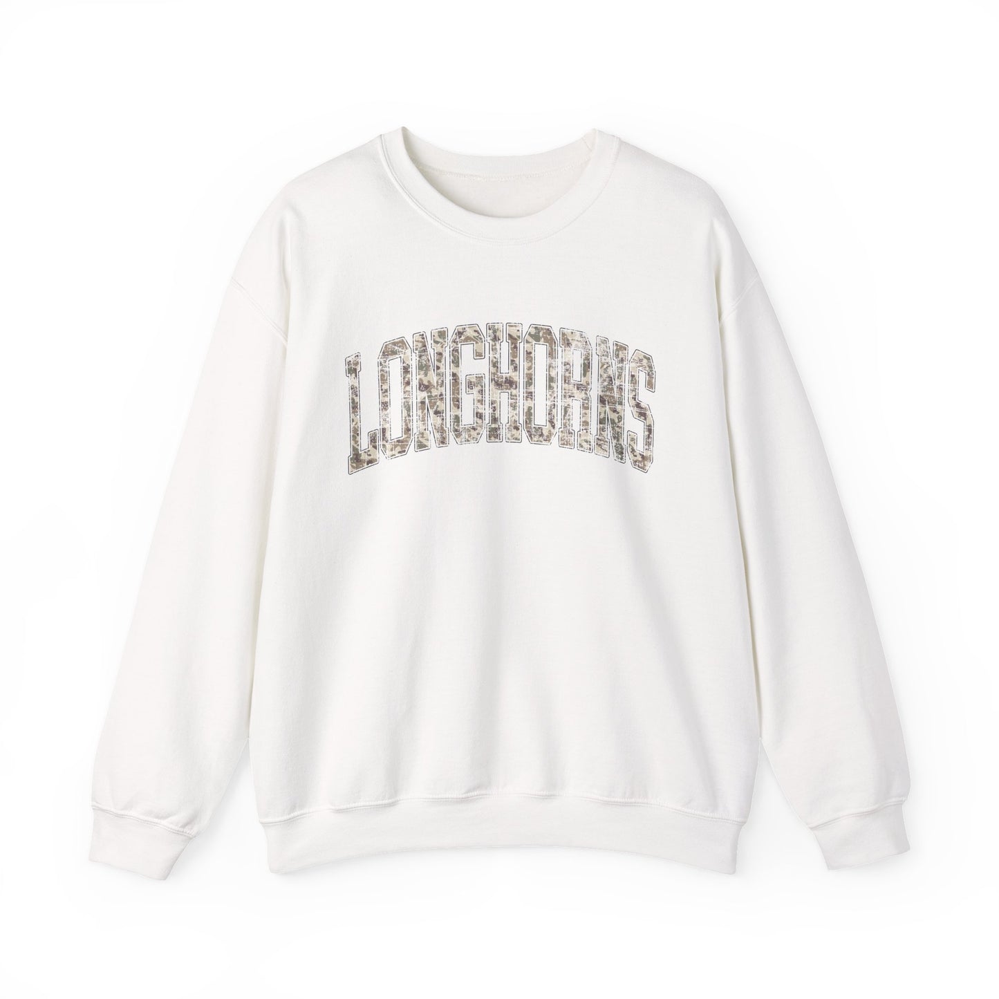 Longhorns Camo Crewneck Sweatshirt | Distressed Hunting Style | Game Day Apparel