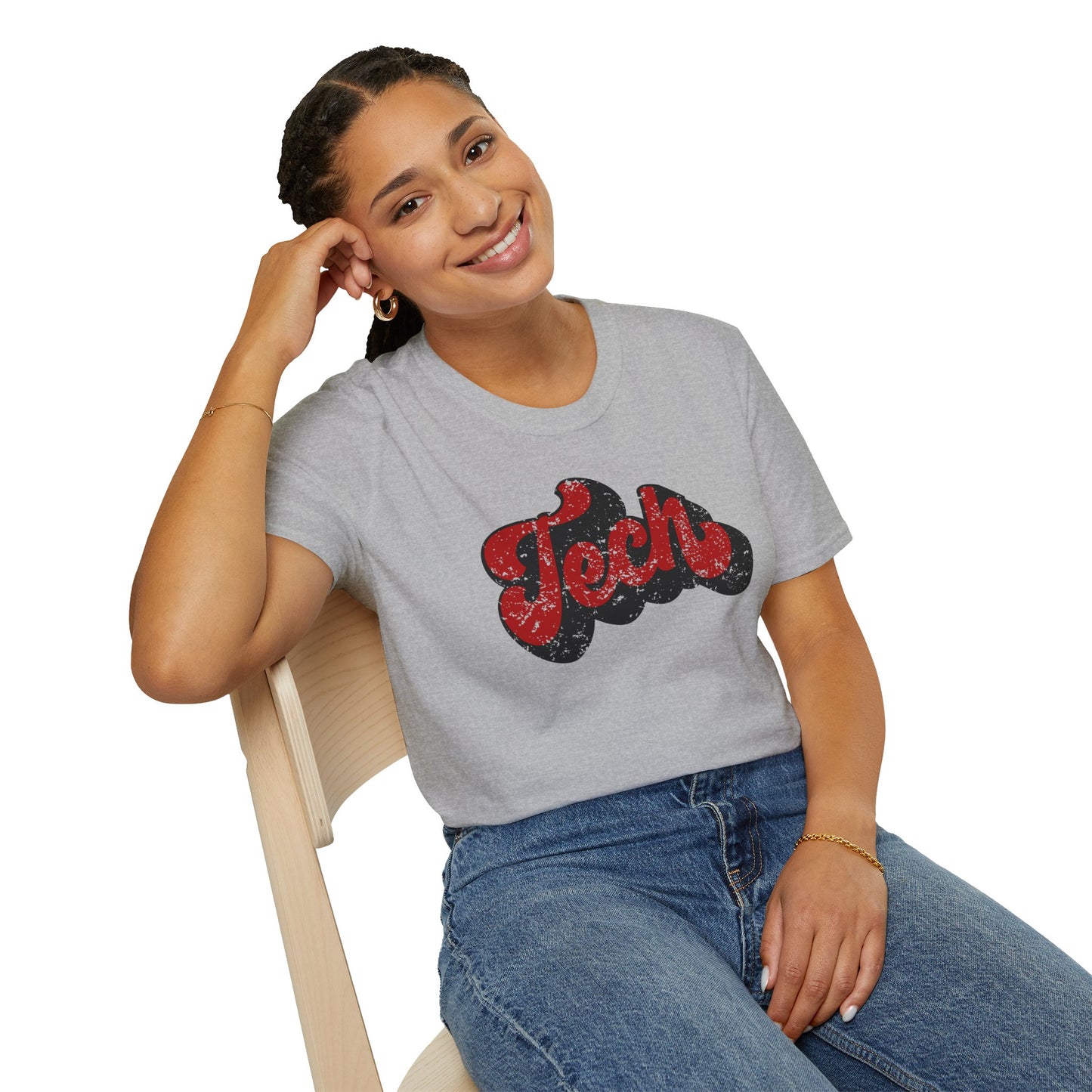 Retro “Tech” Distressed Script T-Shirt | Red & Black Groovy College Tee | Cute Game Day Shirt | Unisex Comfort Tee