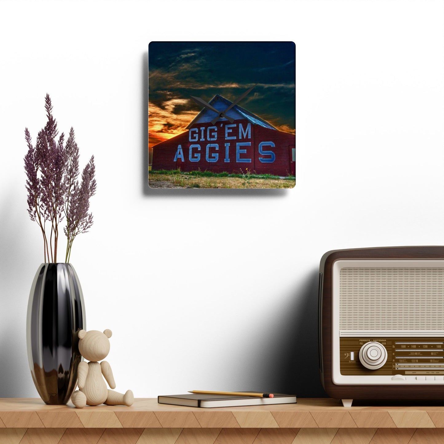 Aggie Barn Sunset Wall Clock | Acrylic Farmhouse Clock | Texas Sunset Décor | Gift for Aggie Fans, Dorm Decor