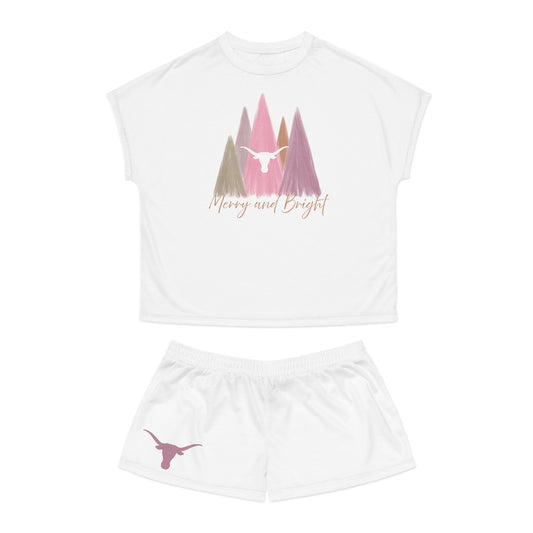 Texas Longhorns pastel Christmas pajama set with shorts, Merry and Bright, Holiday Sleepwear, University of Texas, Longhorns, Gift for Her