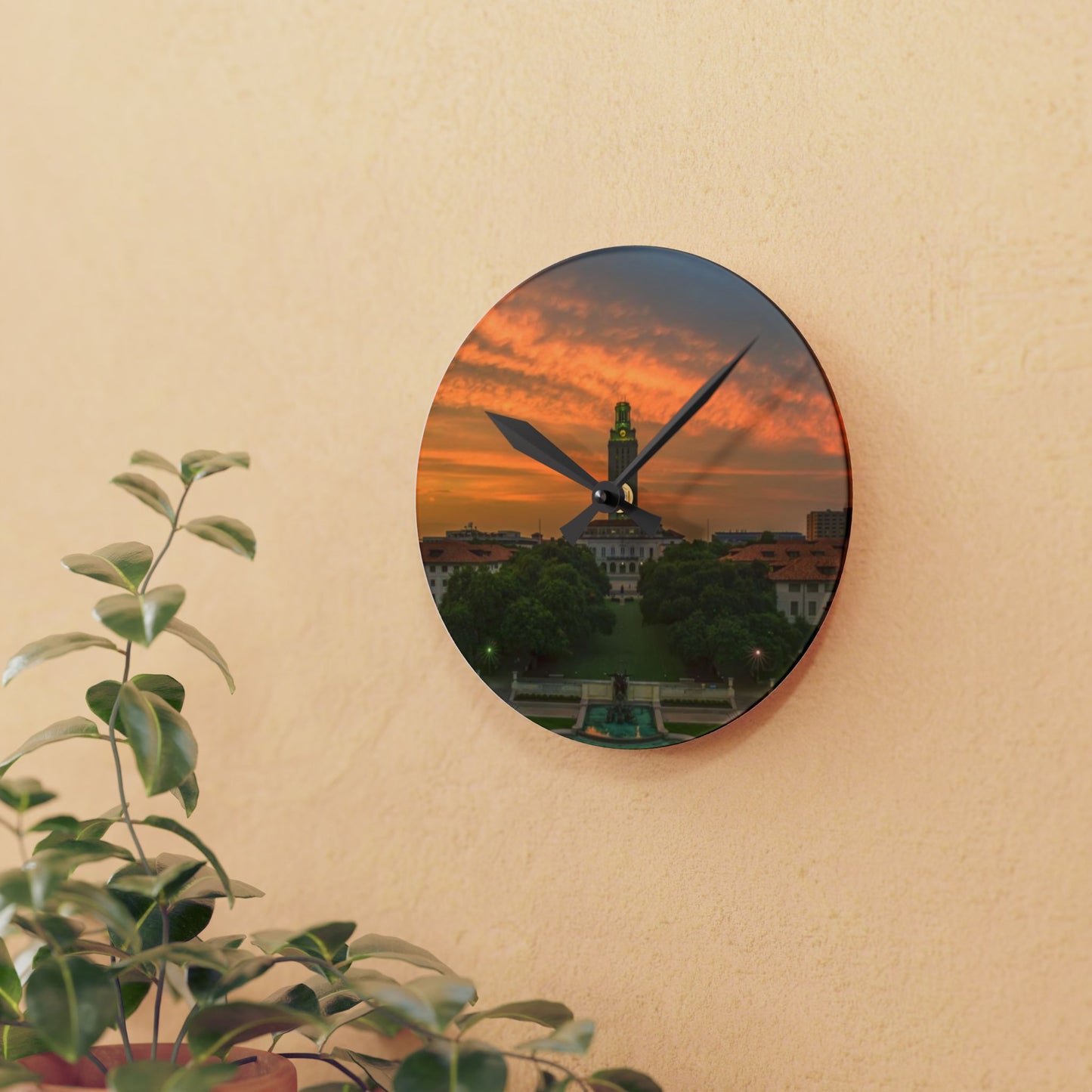University of Texas Acrylic Wall Clock | Tower & Horse Fountain | Hook Em Horns Home Accent, University of Texas Dorm Décor