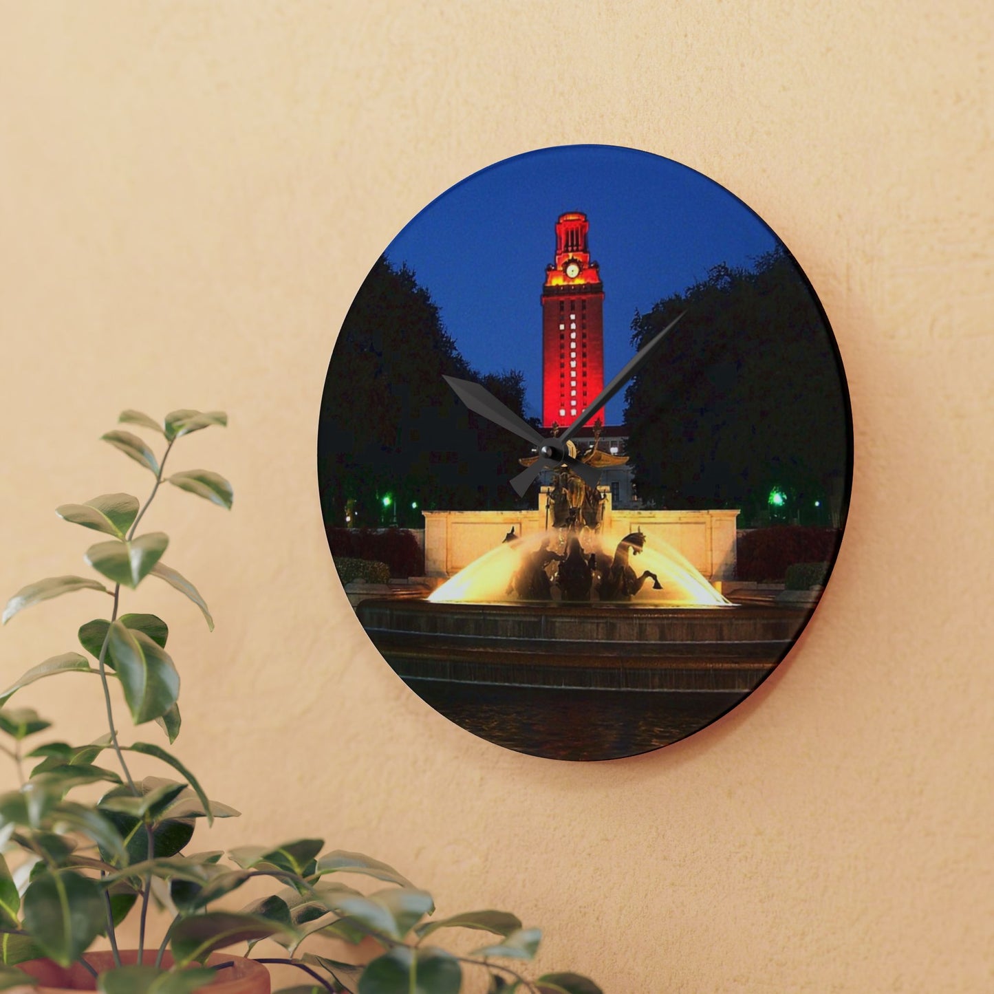 University of Texas Acrylic Wall Clock | Burnt Orange Tower & Horse Fountain | Hook Em Horns Home Accent, University of Texas Dorm Décor