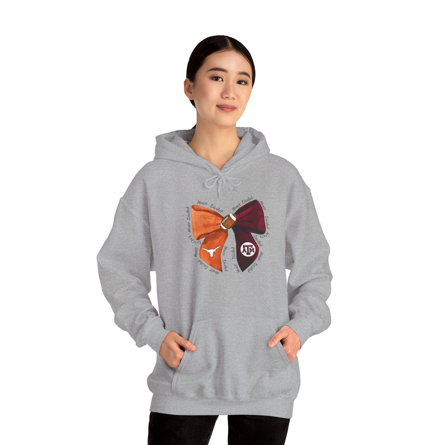 House Divided Aggies and Longhorns Spirit Bow Hoodie | Unisex Heavy Blend™ Sweatshirt, College Apparel, Game Day Outfit