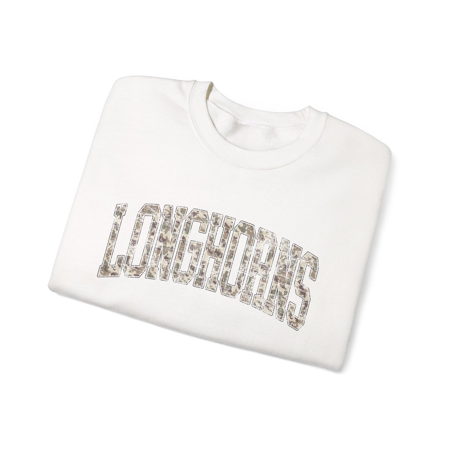 Longhorns Camo Crewneck Sweatshirt | Distressed Hunting Style | Game Day Apparel