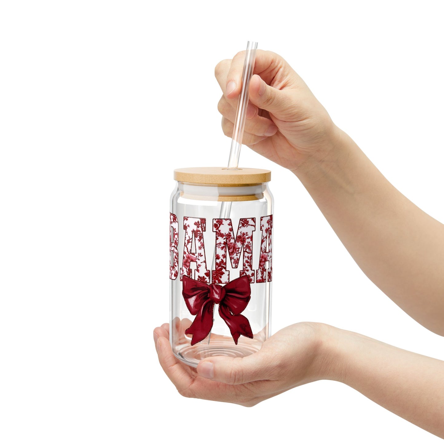 Alabama 16oz Glass with Cute Bow | Glass Tumbler with straw, BAMA Tumbler | Graduation Gift