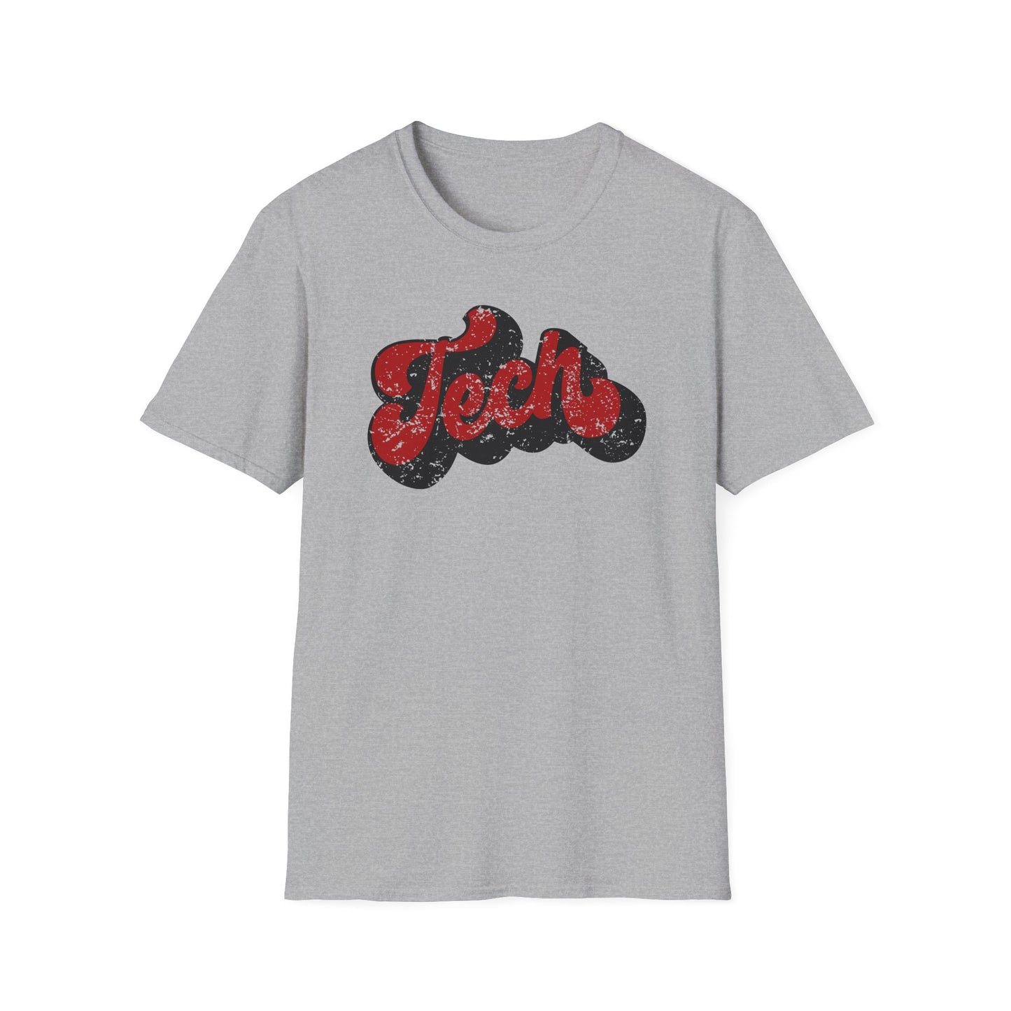 Retro “Tech” Distressed Script T-Shirt | Red & Black Groovy College Tee | Cute Game Day Shirt | Unisex Comfort Tee